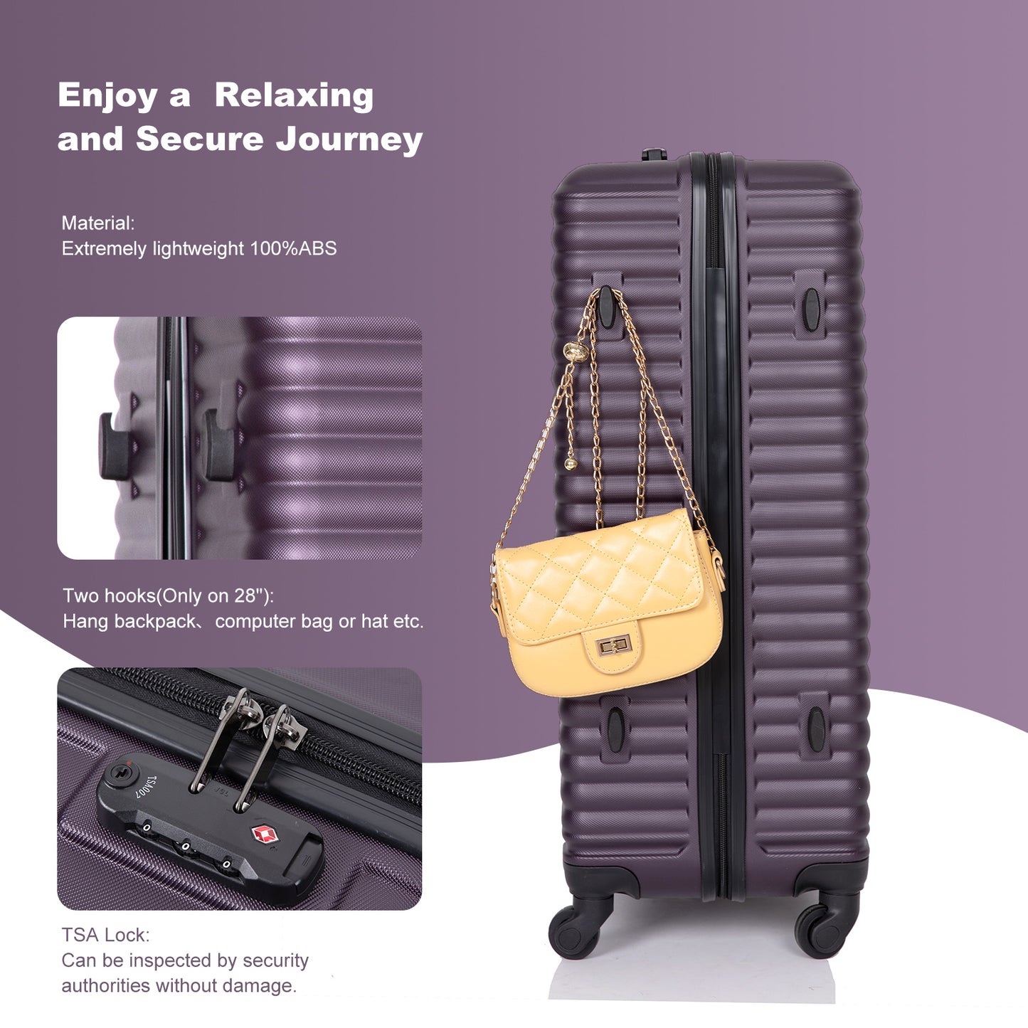 3 Piece Portable Luggage Set, Lightweight Carry on Luggage for Airplane Suitcase Set with Spinner Wheels and TSA Lock for Travel Trips Business, 3-in-1 Portable ABS Trolley Case, 20" 24" 28", Purple