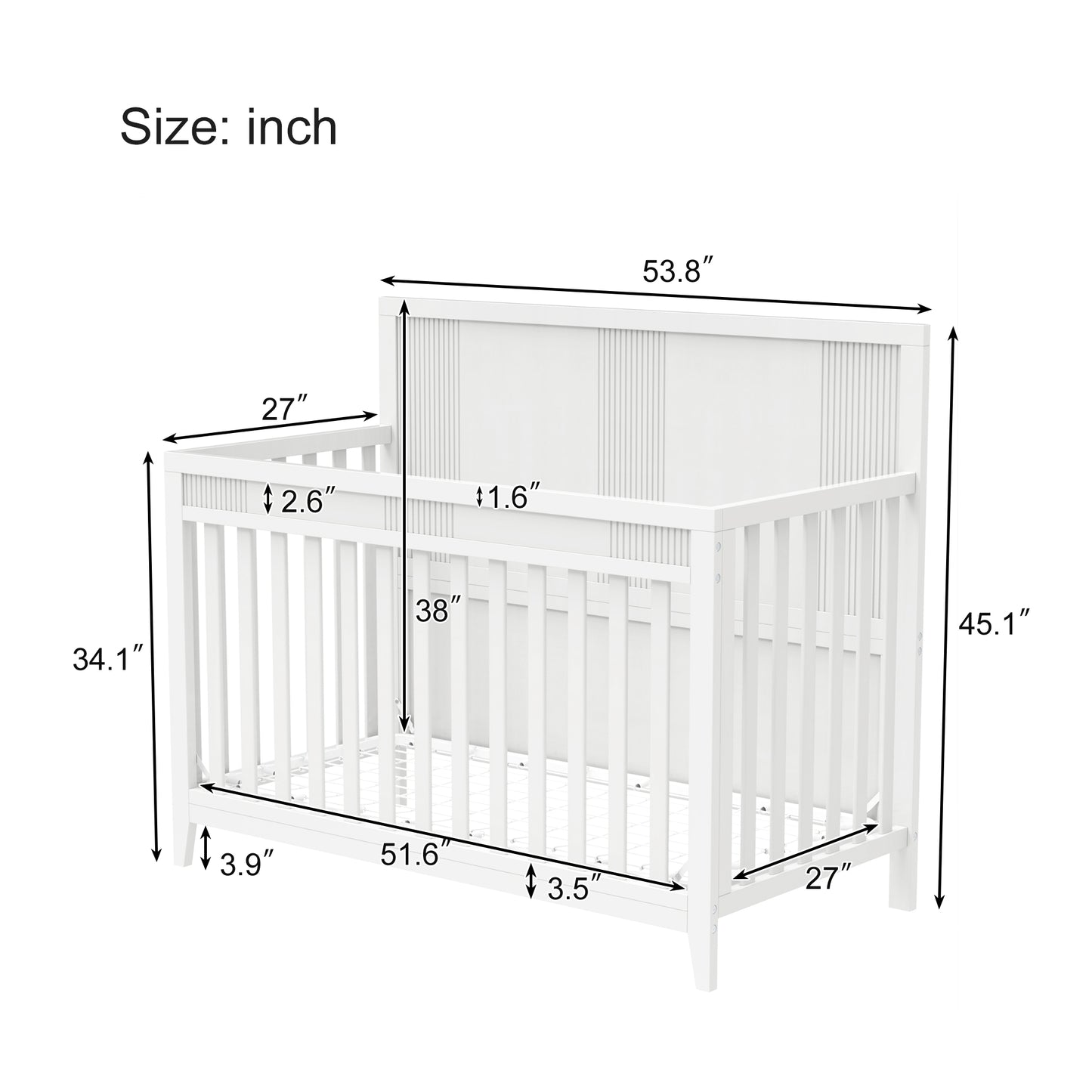 HSUNNS 4-in-1 Convertible Crib, Baby Crib with Slats, Certified Baby Safe Crib, Converts from Baby Crib to Toddler Bed, Easy Assembly, 3 Adjustable Heights, White