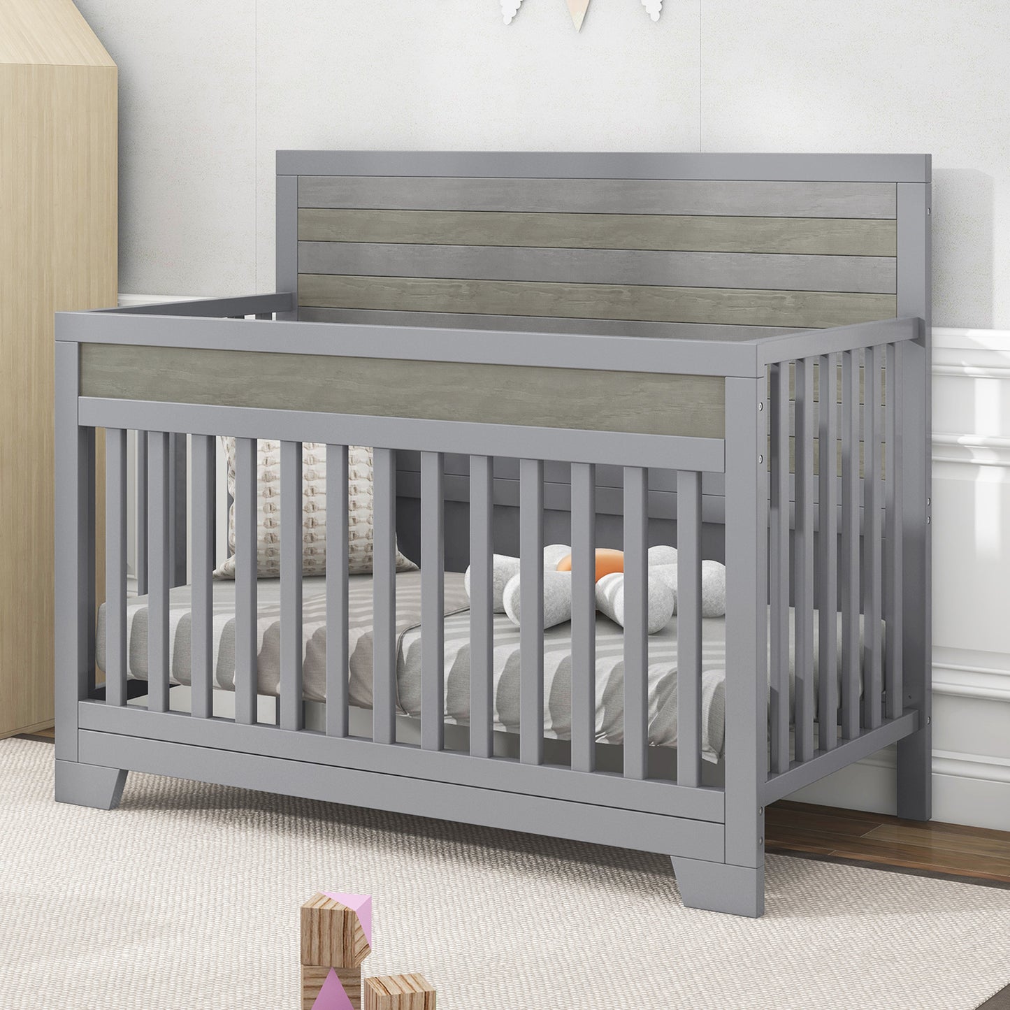 HSUNNS 4-in-1 Convertible Crib, Baby Crib with Slats, Certified Baby Safe Crib, Easy Assembly, Sustainable Pinewood, 3 Adjustable Heights, Brown