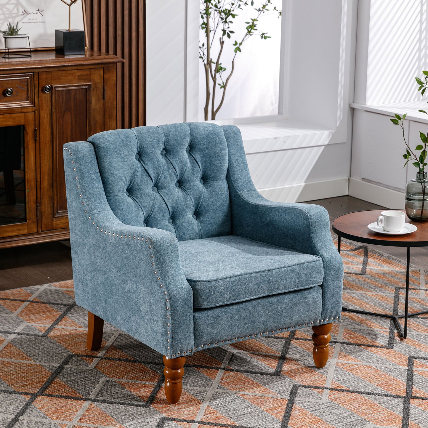 HSUNNS Accent Chair, Modern Armchair with Vintage Brass Studs and Button Tufted Upholstered, Solid Wood Legs, Accent Armchair for Living Room and Bedroom, Reception Room, Beige