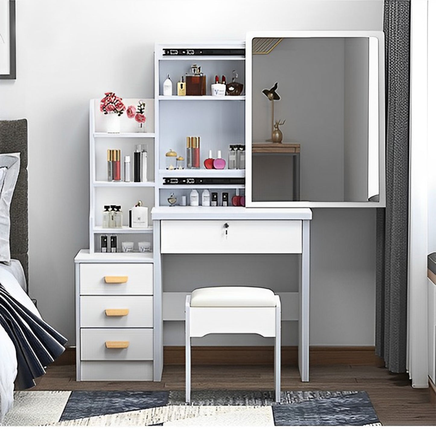 HSUNNS Vanity Set with Mirror and Adjustable Brightness Lights, Vanity Desk with Cushion Storage Stool, Hidden Storage Makeup Desk with 6 Drawers, Vanity Set with Sliding Mirror, White StyleA