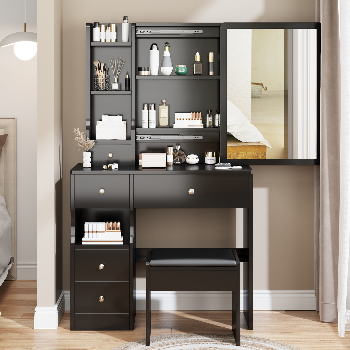 HSUNNS Makeup Vanity Table Set with Mirror, Modern 5 Drawers Dressing Desk with Cushion Stool and Storage Shelves, Vanity Desk with Right Sliding Mirror, Bedroom Vanities Set for Girls, White