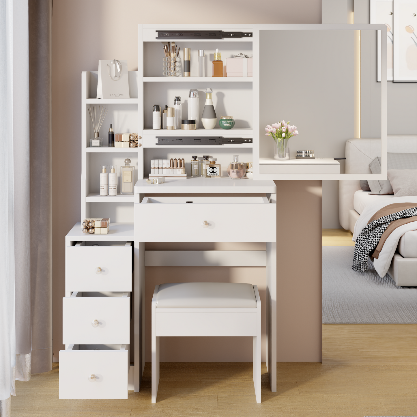 HSUNNS Vanity Set with Sliding Mirror, Modern 4 Drawers Makeup Dressing Desk with Cushion Stool and Storage Shelves, Vanity Table Desk with Storage, Bedroom Vanities Set for Girls Women, White