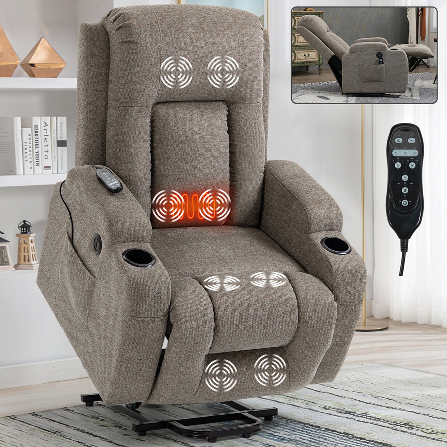 HSUNNS Power Lift Recliner Chair for Adults, Remote Control Vibration Massage and Heating Living Room Reclining with 2 Cup Holders and Side Pockets, USB Ports, Silent Operation, Blue