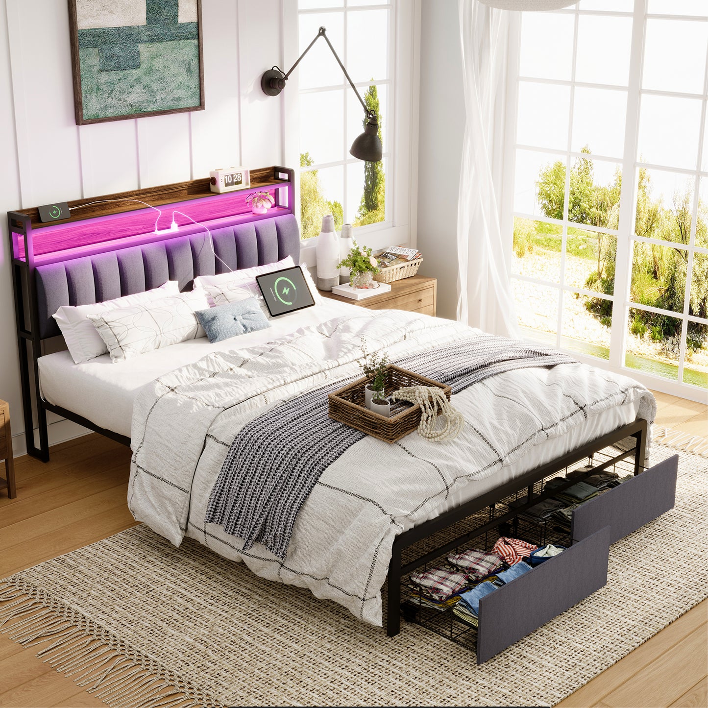HSUNNS Modern LED Bed Frame King Size with 2 USB Ports and Outlets, Metal Platform Bed Frame with 2 Storage Drawers and Upholstered Headboard, No Box Spring Needed, Gray