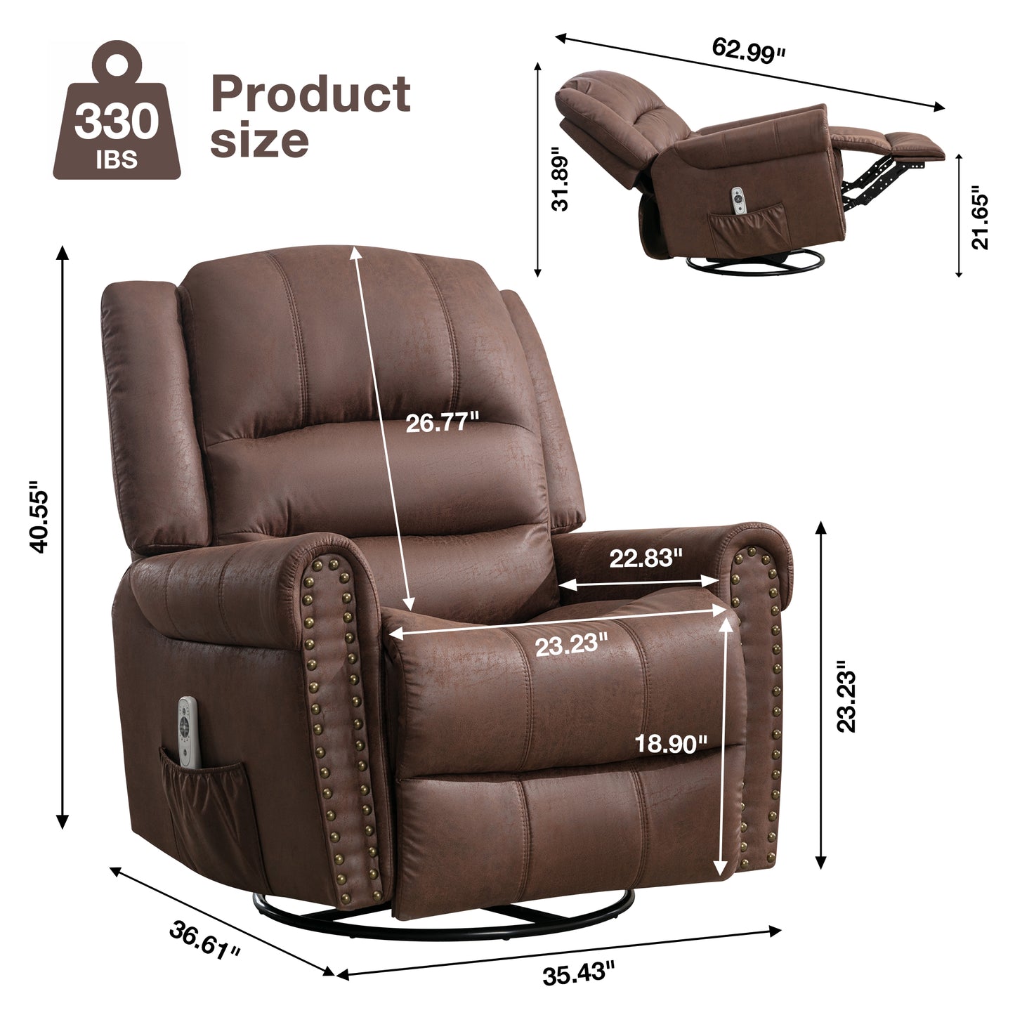 HSUNNS Manual Recliner Chair, Modern Swivel Recliner Chair with Heat and Massage Function, Oversized Single Faux Leather Recliner Rocker Sofa for Living Room Bedroom Home Theater, Grey