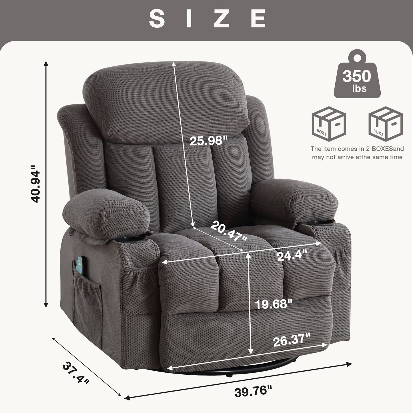 SYNGAR Oversized Recliner Chair, 360° Swivel Rocker Reclining Chair with Massage and Heat Function, USB, Cup Holders and Side Pockets, Living Room Single Sofa Seat Nursery Lounge Chair, Gray