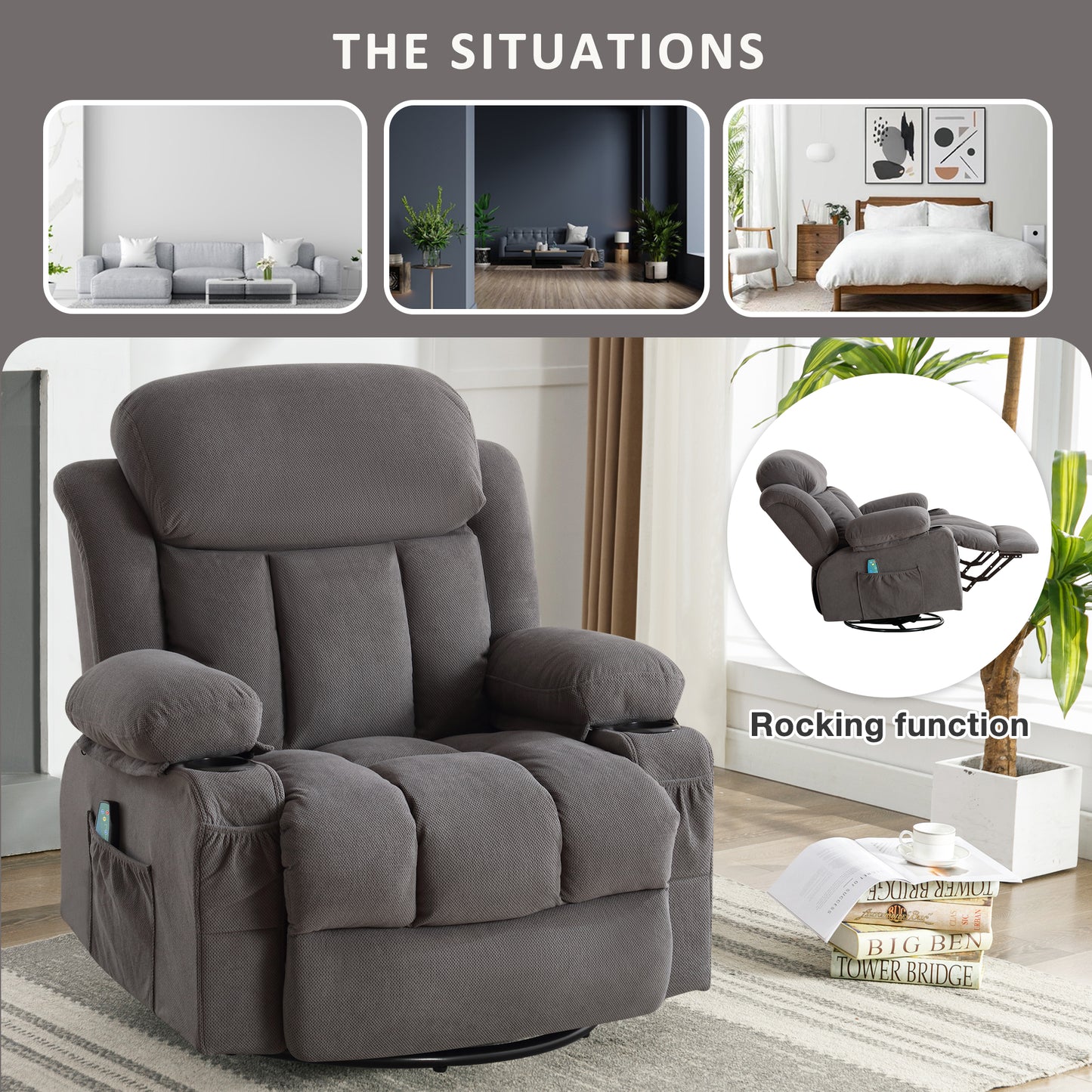SYNGAR Oversized Recliner Chair, 360° Swivel Rocker Reclining Chair with Massage and Heat Function, USB, Cup Holders and Side Pockets, Living Room Single Sofa Seat Nursery Lounge Chair, Gray