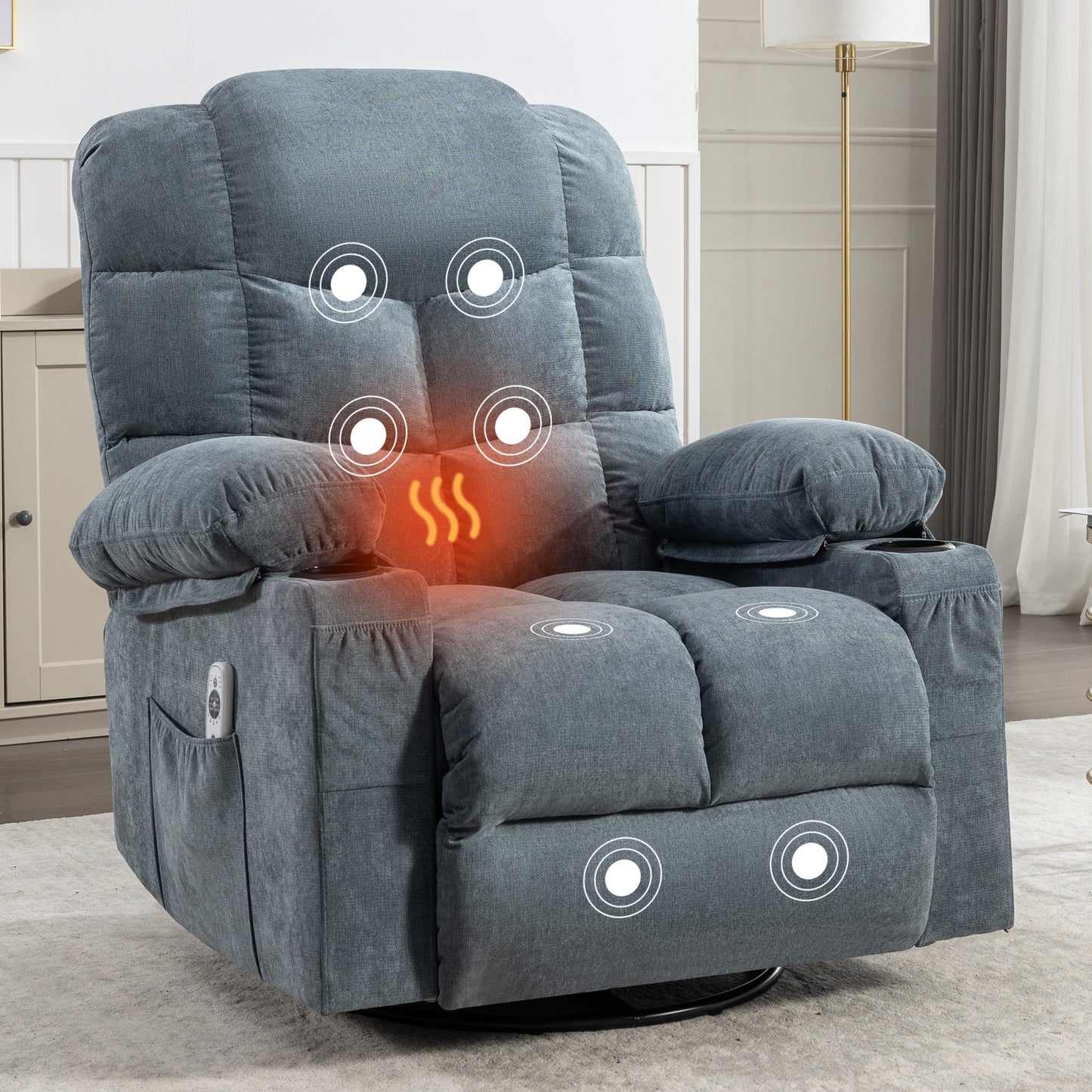 HSUNNS Swivel Recliner Chair for Adults, Living Room Fabric Recliner Chair with Massage and Heat, Single Sofa with USB Port, Cup Holder, Side and Front Pocket, Blue