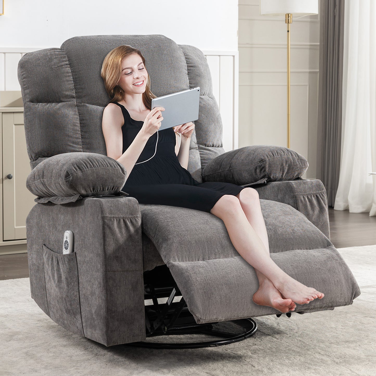 HSUNNS Swivel Recliner Chair for Adults, Living Room Fabric Recliner Chair with Massage and Heat, Single Sofa with USB Port, Cup Holder, Side and Front Pocket, Gray