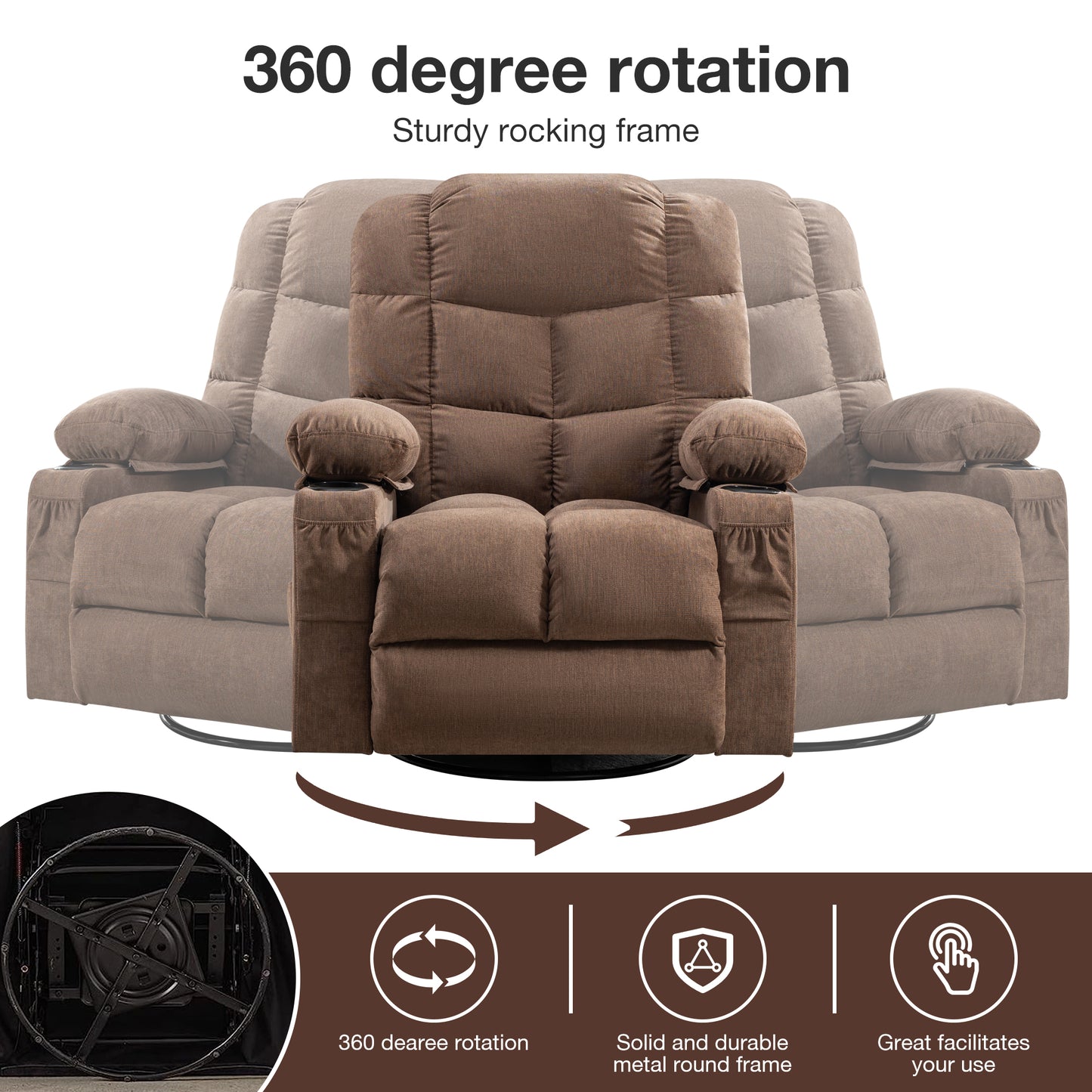 HSUNNS Swivel Recliner Chair for Adults, Living Room Fabric Recliner Chair with Massage and Heat, Single Sofa with USB Port, Cup Holder, Side and Front Pocket, Brown