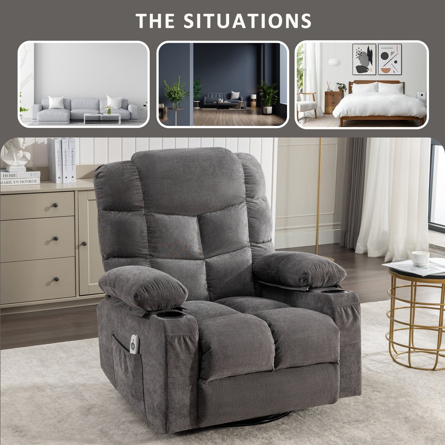 HSUNNS Swivel Recliner Chair for Adults, Living Room Fabric Recliner Chair with Massage and Heat, Single Sofa with USB Port, Cup Holder, Side and Front Pocket, Gray