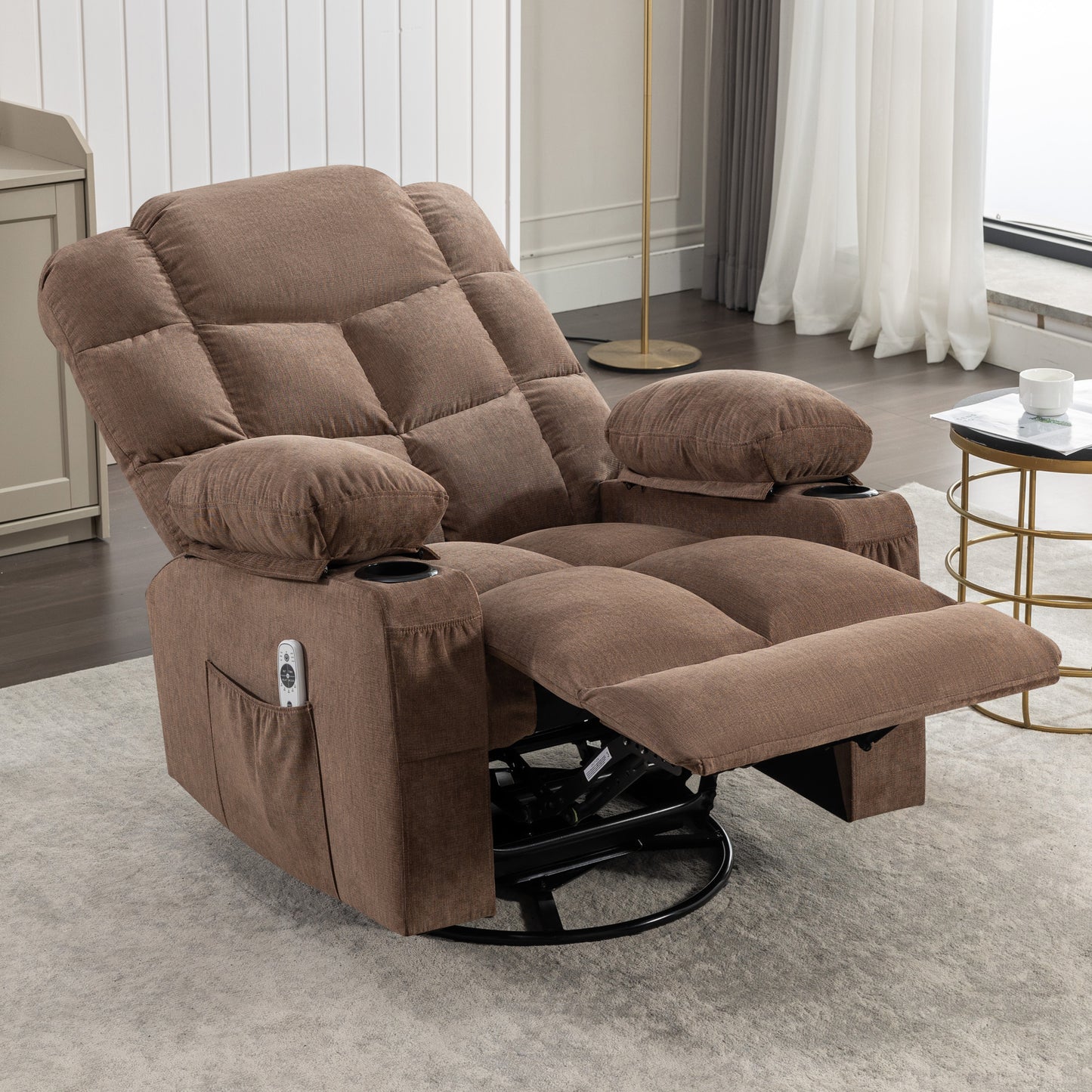 HSUNNS Swivel Recliner Chair for Adults, Living Room Fabric Recliner Chair with Massage and Heat, Single Sofa with USB Port, Cup Holder, Side and Front Pocket, Brown