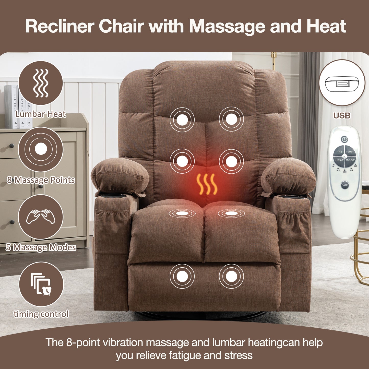 HSUNNS Swivel Recliner Chair for Adults, Living Room Fabric Recliner Chair with Massage and Heat, Single Sofa with USB Port, Cup Holder, Side and Front Pocket, Brown