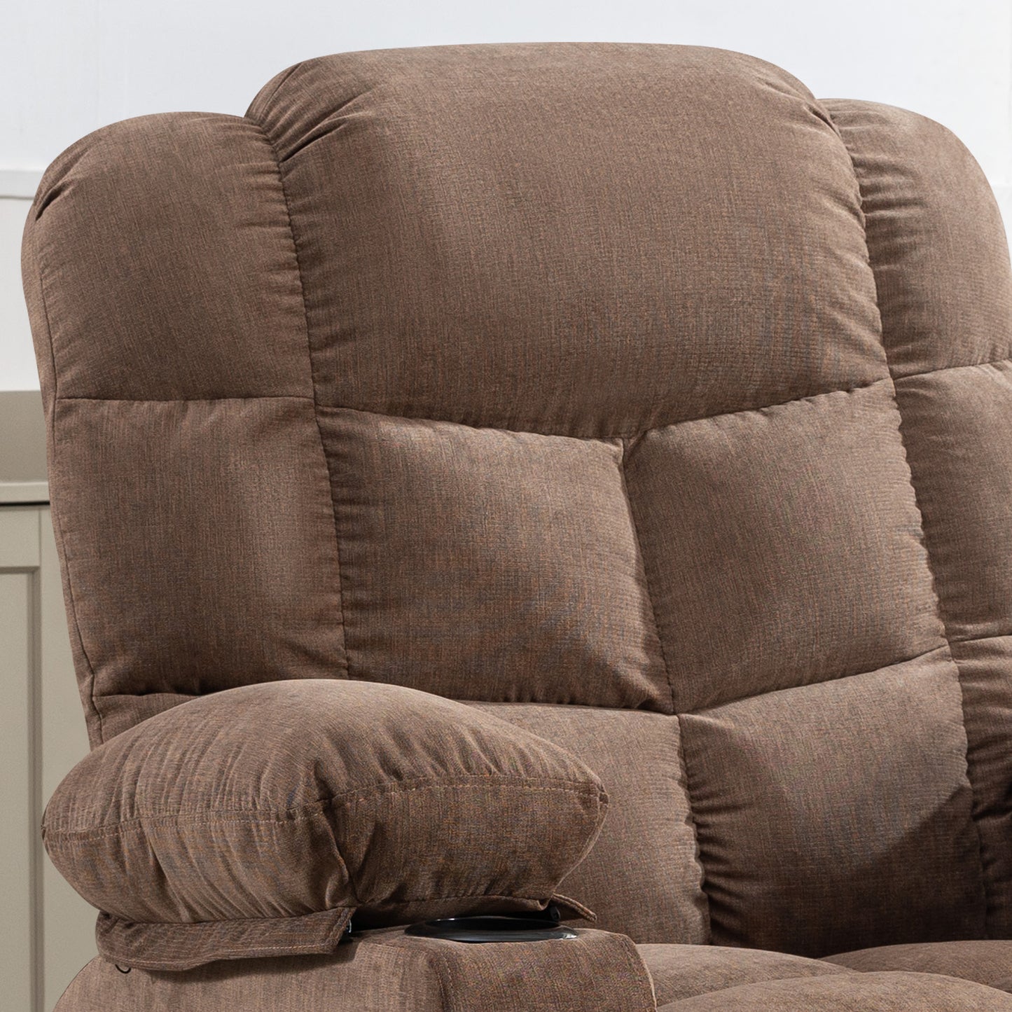 HSUNNS Swivel Recliner Chair for Adults, Living Room Fabric Recliner Chair with Massage and Heat, Single Sofa with USB Port, Cup Holder, Side and Front Pocket, Brown
