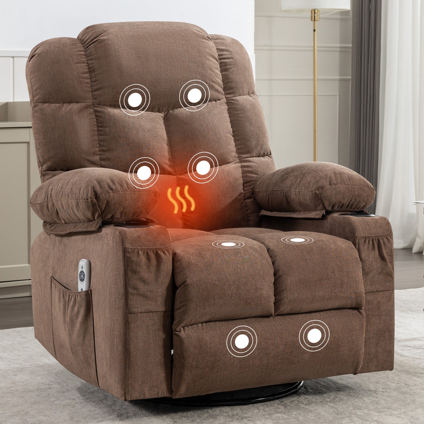 HSUNNS Swivel Recliner Chair for Adults, Living Room Fabric Recliner Chair with Massage and Heat, Single Sofa with USB Port, Cup Holder, Side and Front Pocket, Brown