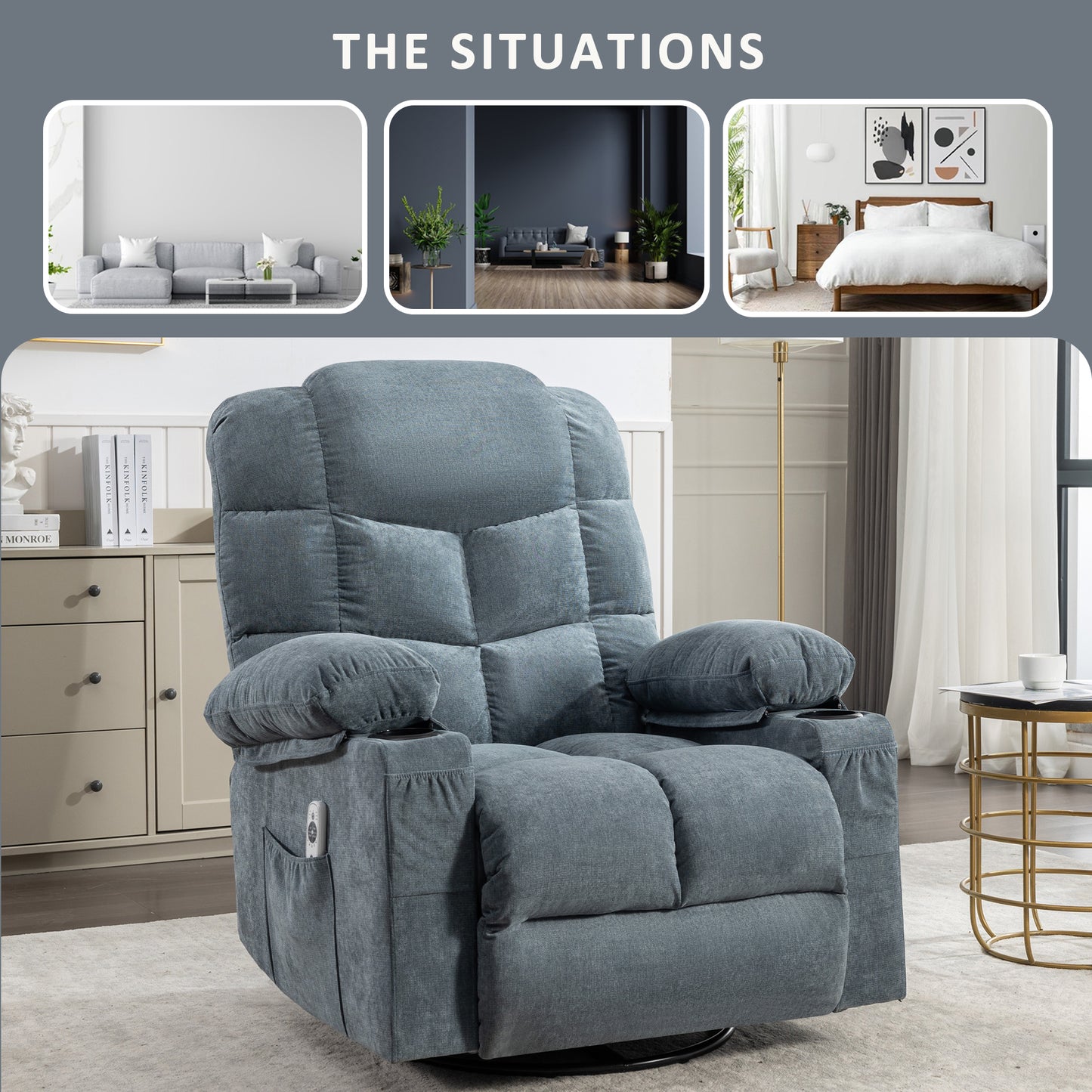 HSUNNS Swivel Recliner Chair for Adults, Living Room Fabric Recliner Chair with Massage and Heat, Single Sofa with USB Port, Cup Holder, Side and Front Pocket, Blue