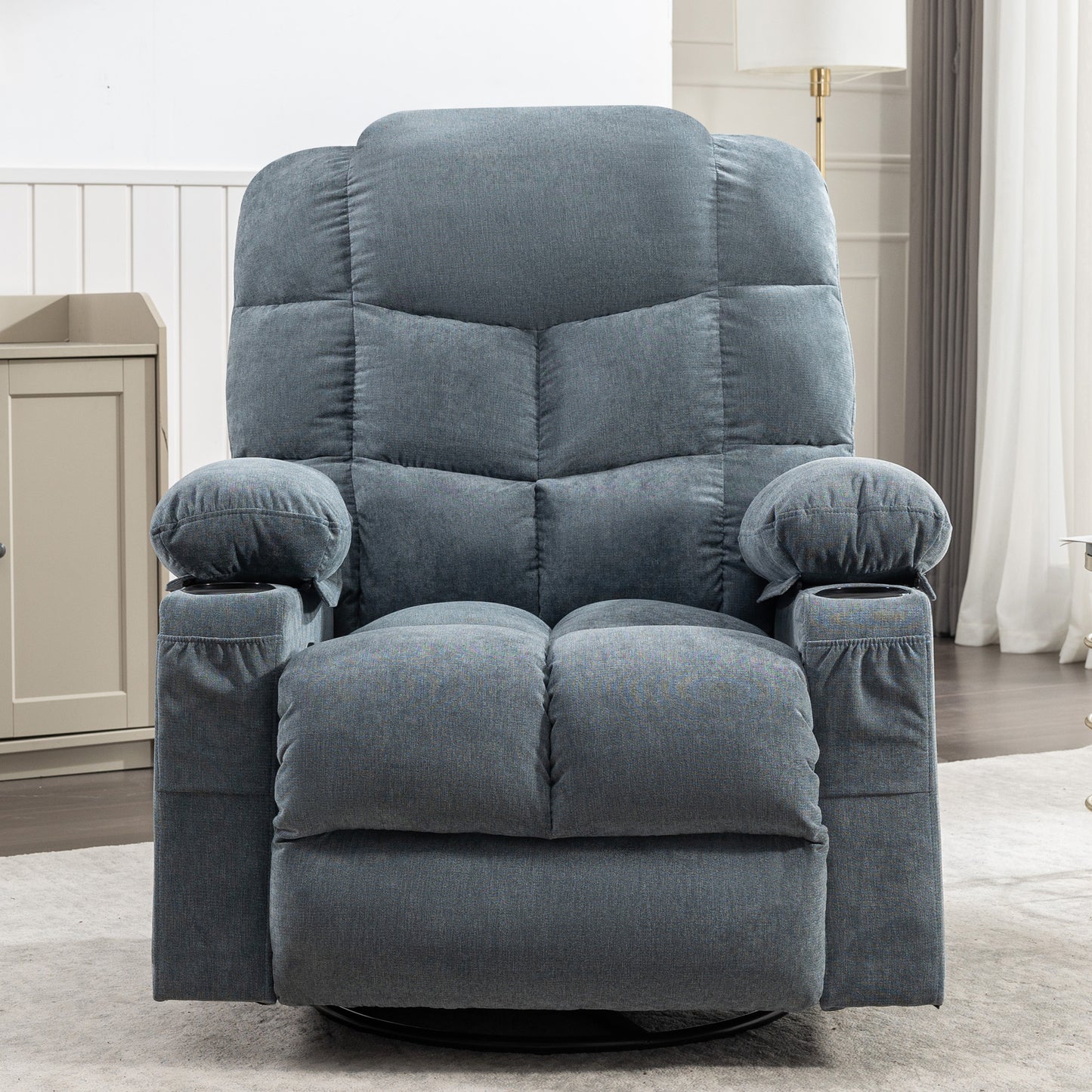 HSUNNS Swivel Recliner Chair for Adults, Living Room Fabric Recliner Chair with Massage and Heat, Single Sofa with USB Port, Cup Holder, Side and Front Pocket, Blue