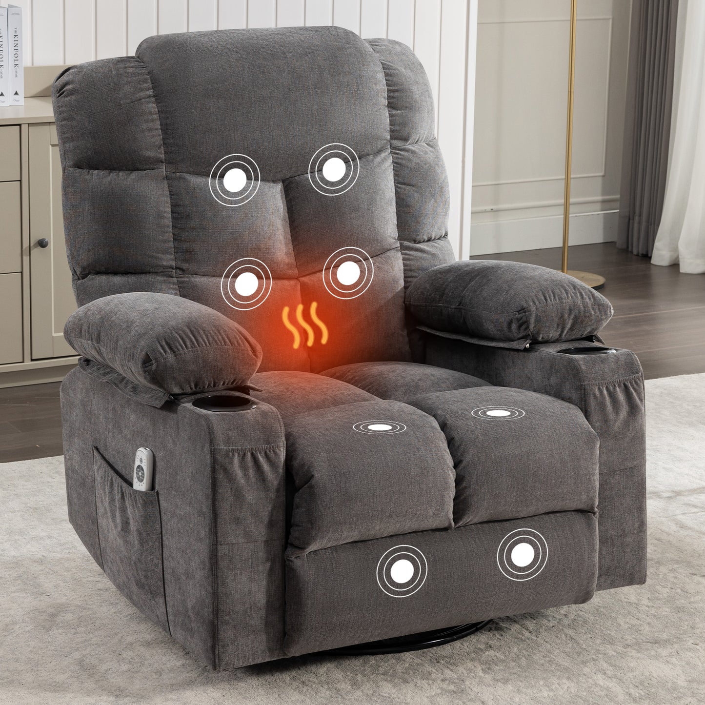 HSUNNS Swivel Recliner Chair for Adults, Living Room Fabric Recliner Chair with Massage and Heat, Single Sofa with USB Port, Cup Holder, Side and Front Pocket, Gray