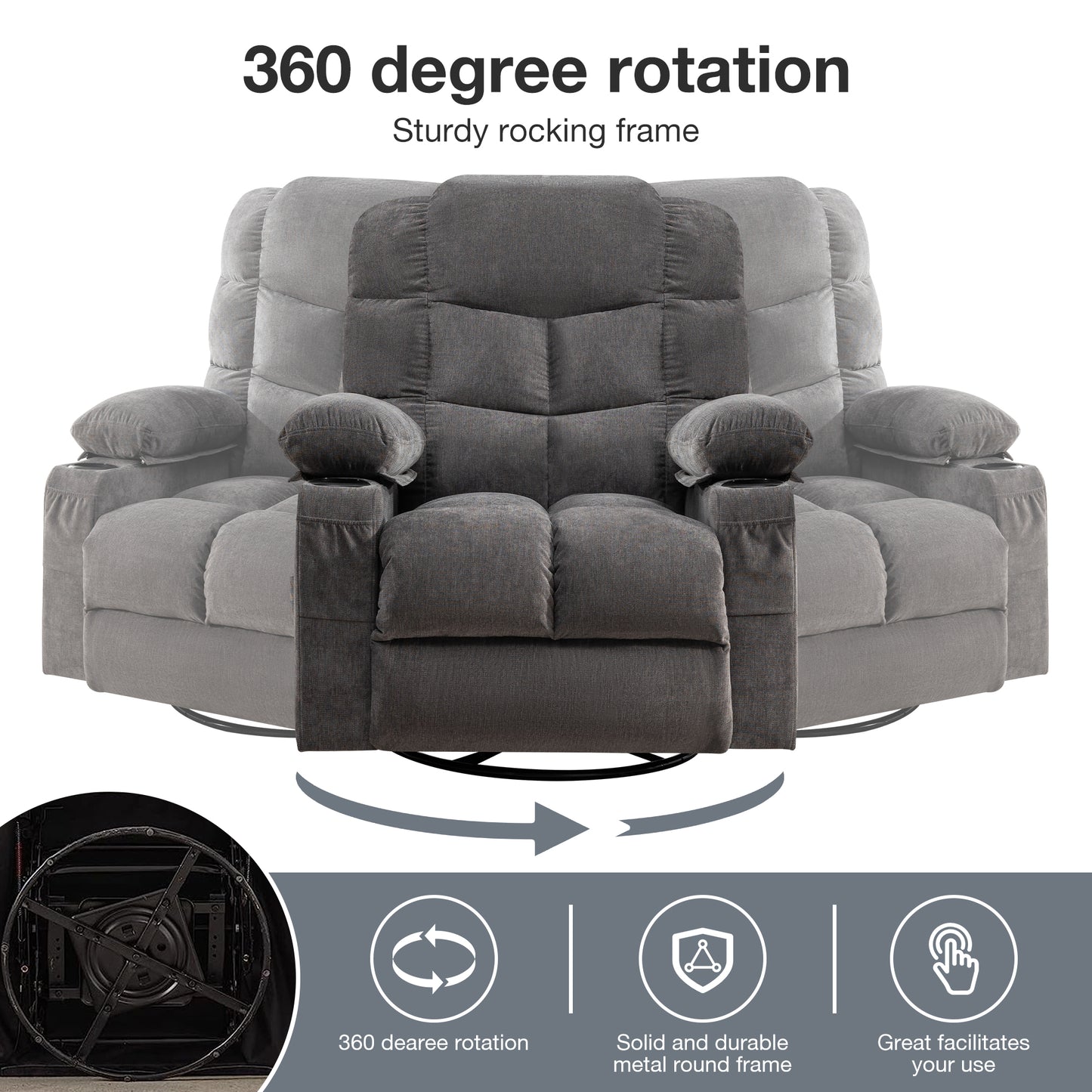 HSUNNS Swivel Recliner Chair for Adults, Living Room Fabric Recliner Chair with Massage and Heat, Single Sofa with USB Port, Cup Holder, Side and Front Pocket, Gray