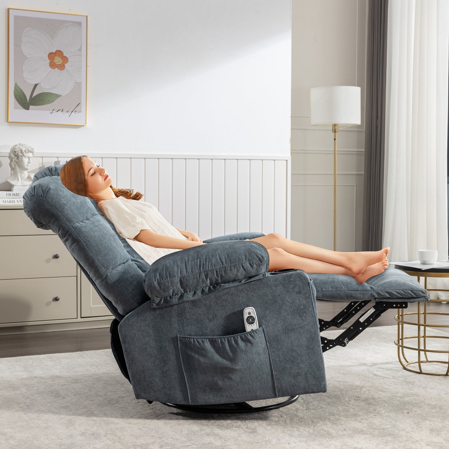 HSUNNS Swivel Recliner Chair for Adults, Living Room Fabric Recliner Chair with Massage and Heat, Single Sofa with USB Port, Cup Holder, Side and Front Pocket, Blue