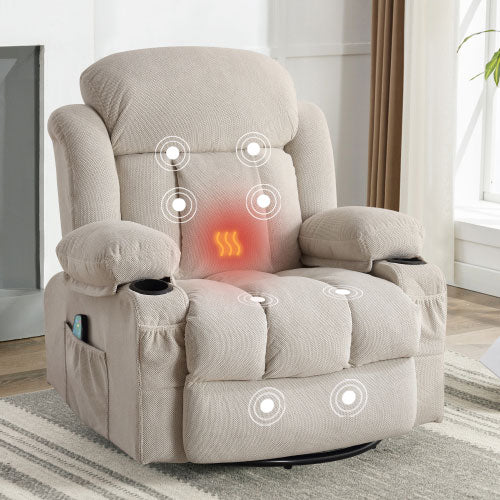 HSUNNS Manual Recliner Chair, Rocker Reclining Chair with Massage and Heat Function, USB, Cup Holders and Side Pockets, 360°Swivel, Oversized Elderly Single Recliner Sofa for Bedroom, Brown