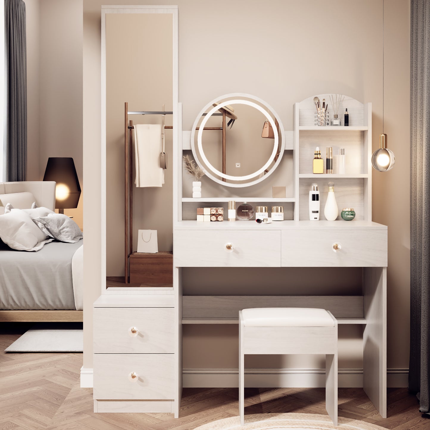 HSUNNS Makeup Vanity with Full Length Mirror and Round Mirror with Light, Vanity Table with Cushioned Stool Set, Wood Vanity Desk with 4 Drawers and 2 Shelves,Makeup Desk with LED Light, White