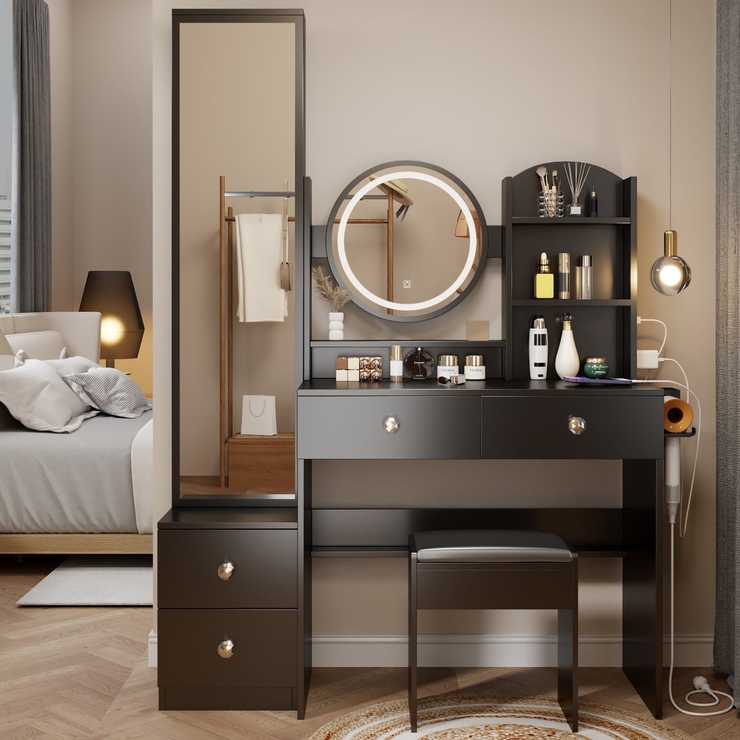 HSUNNS White Vanity Desk with Mirror and Adjustable Brightness Lights, Makeup Vanity with USB Ports and Outlets,Makeup Vanity Desk with Full Length Mirror,Vanity Set with Drawers and Shelves