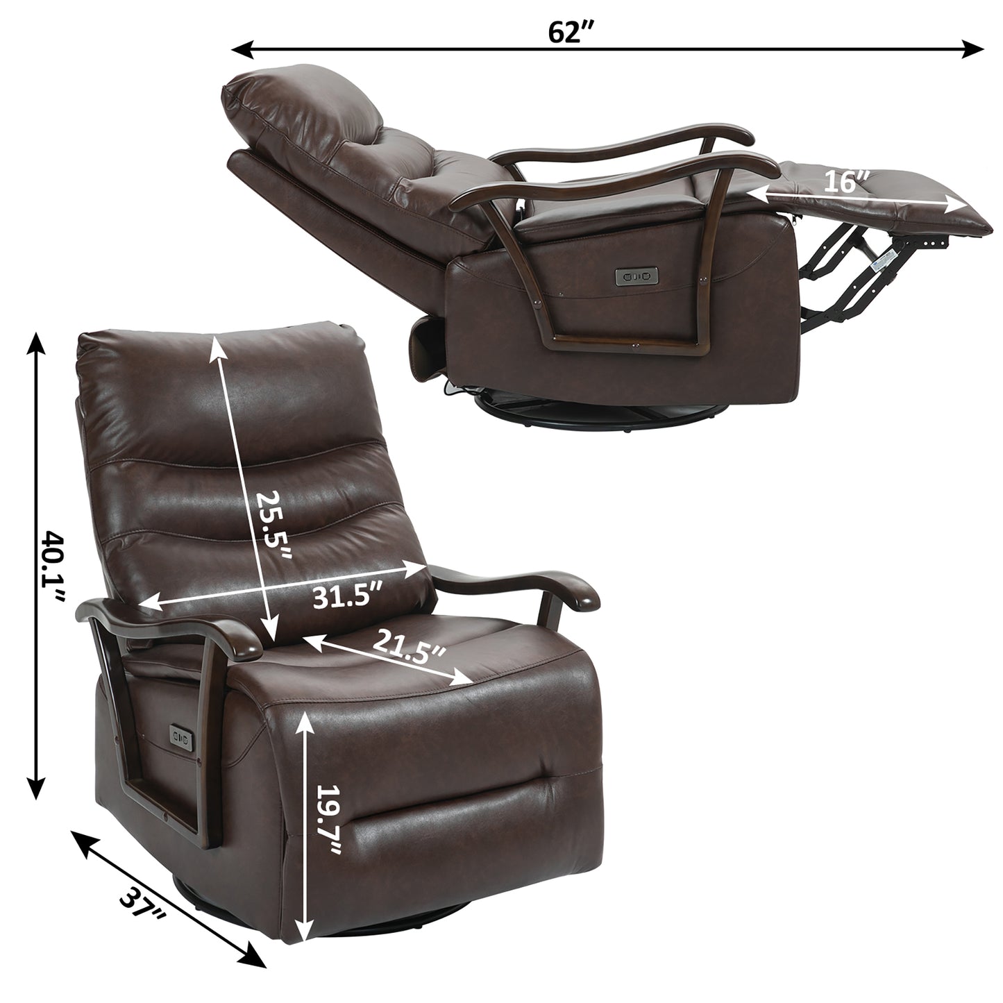 HSUNNS Recliner Chair, Manual Oversized Reclining Chair with 360 Degree Swivel and Infinite Position, USB Charge Port, PU Leather Rocker Recliner Chair for Living Room, Brown