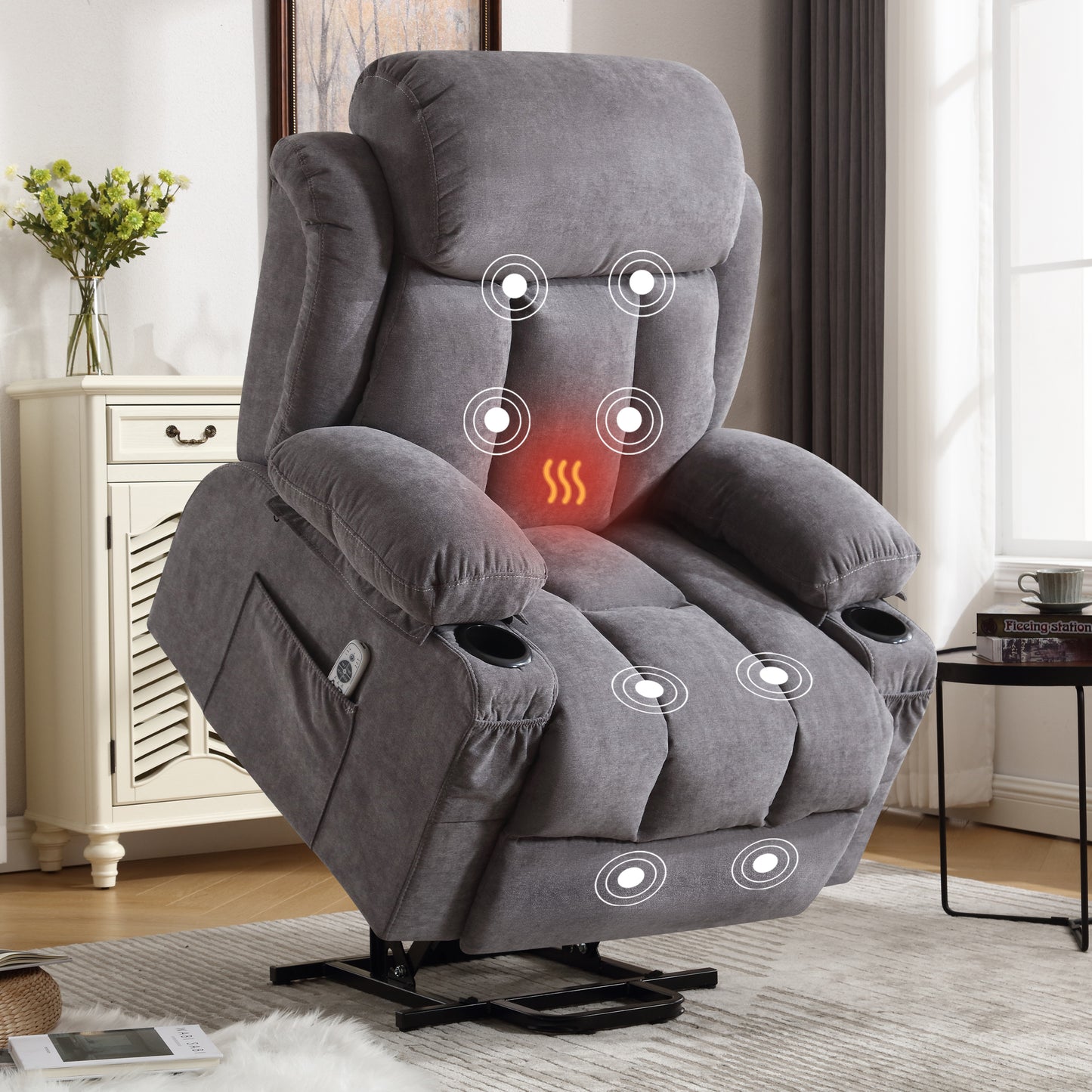 HSUNNS Power Lift Recliner Chair with Heat and Vibration Massage, Fabric Elderly Oversized Reclining Sofa with USB Charge Port, Cup Holders and Side Pockets for Bedroom Home Theater, Blue