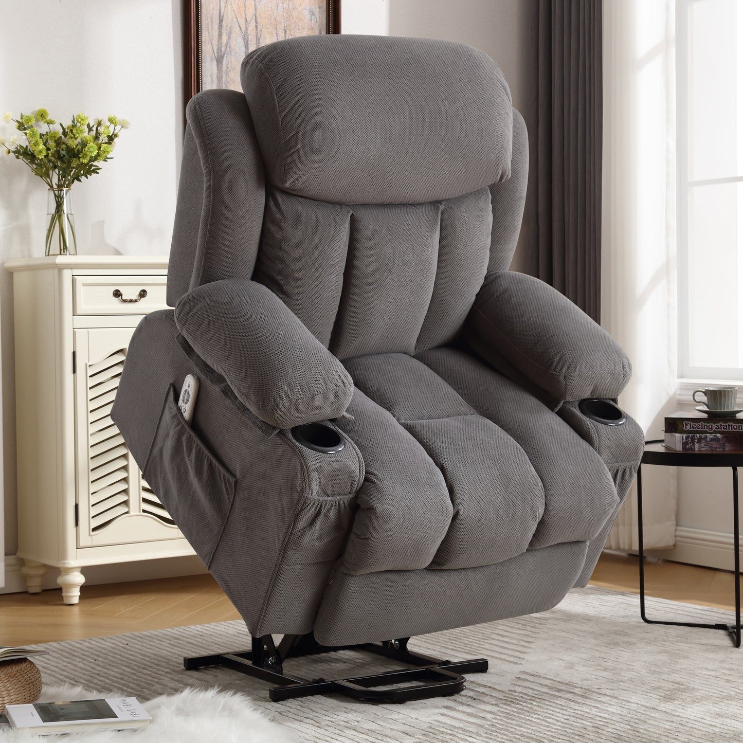 HSUNNS Power Lift Recliner Chair with Heat and Vibration Massage, Fabric Elderly Oversized Reclining Sofa with USB Charge Port, Cup Holders and Side Pockets for Bedroom Home Theater, Gray