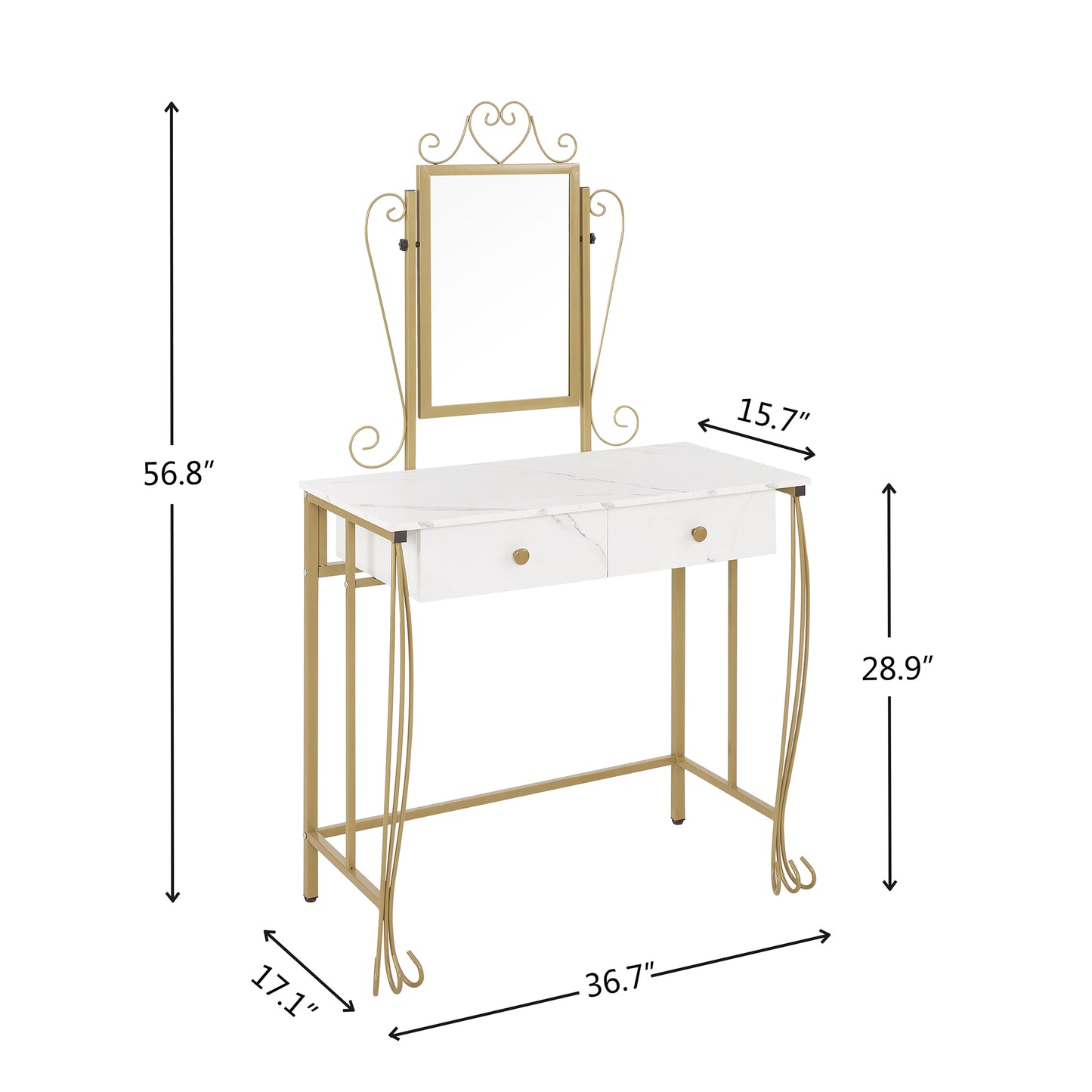 HSUNNS Vanity Set with Mirror, 2 Drawers Makeup Dressing Desk with Cushioned Stool Set, Vintage Style Makeup Vanity Table Desk with Large Mirror, Bedroom Vanities Set for Women and Girls, White