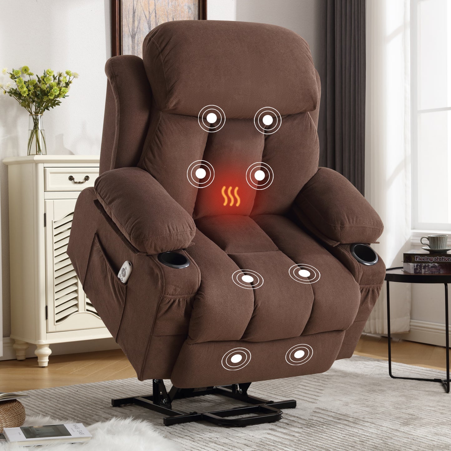 HSUNNS Recliner Chairs for Adults, Fabric Velvet Power Lift Recliner Chair with Heat and Vibration Massage, Cup Holders and Side Pockets, USB Charge Port, Recliners for Living Room, Beige