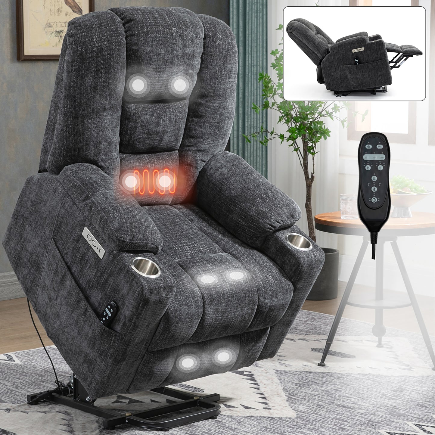HSUNNS Power Lift Recliner Chair with Massage and Heat for Adult, Heavy Duty Reclining with USB Port and 2 Cup Holders, Living Room Overstuffed Wide Single Sofa Home Theater, Beige