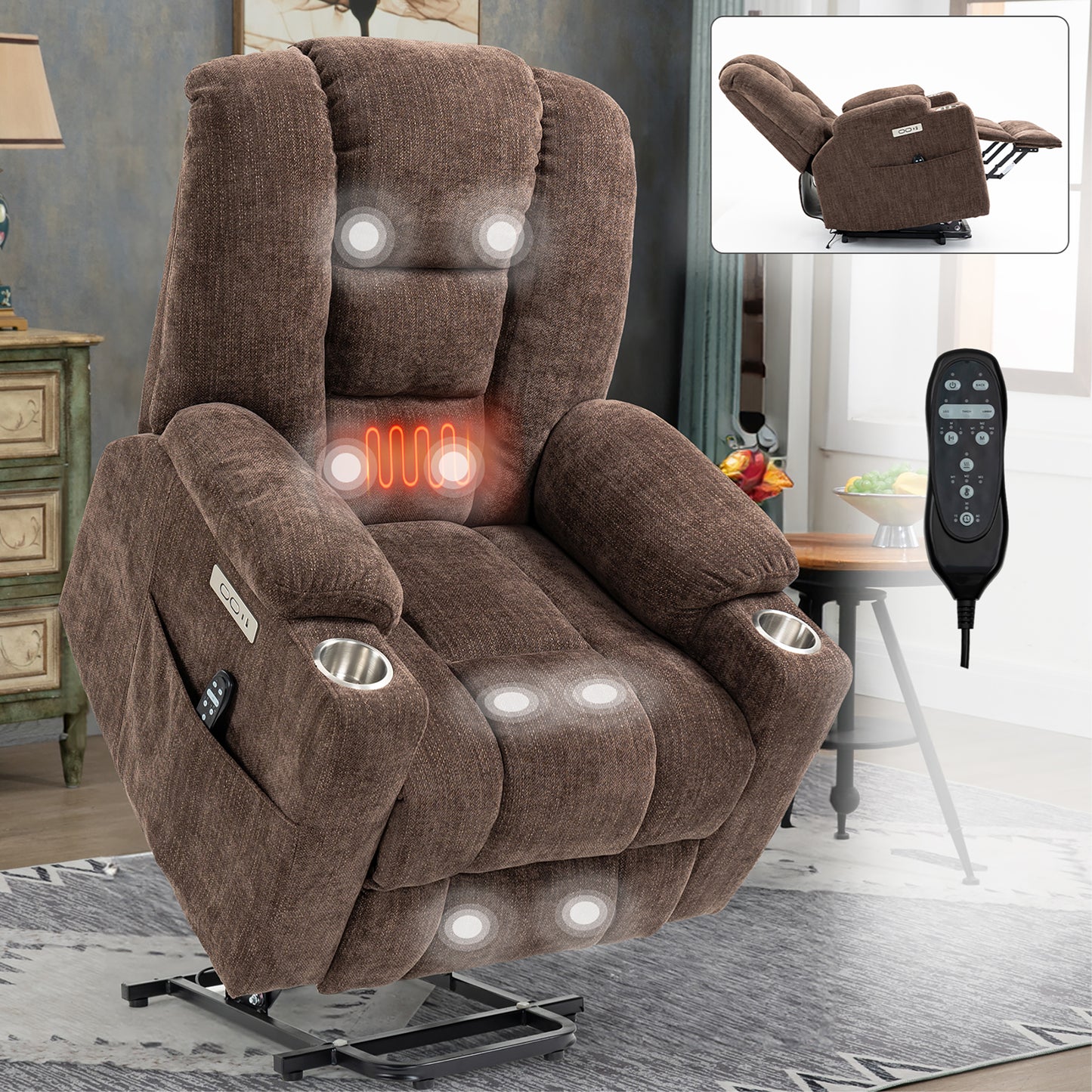 HSUNNS Power Lift Recliner Chair with Massage and Heat for Adult, Heavy Duty Reclining with USB Port and 2 Cup Holders, Living Room Overstuffed Wide Single Sofa Home Theater, Beige