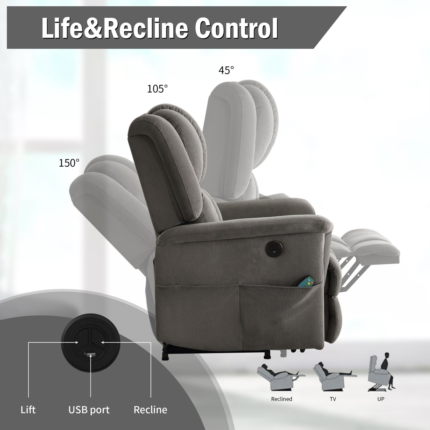 HSUNNS Power Lift Recliner Chair for Living Room, Modern Fabric Electric Lounge Chair Single Sofa with Heat and Massage, Side Pockets, 150 Degrees Adjustment Recliner for Elderly Adults, Beige