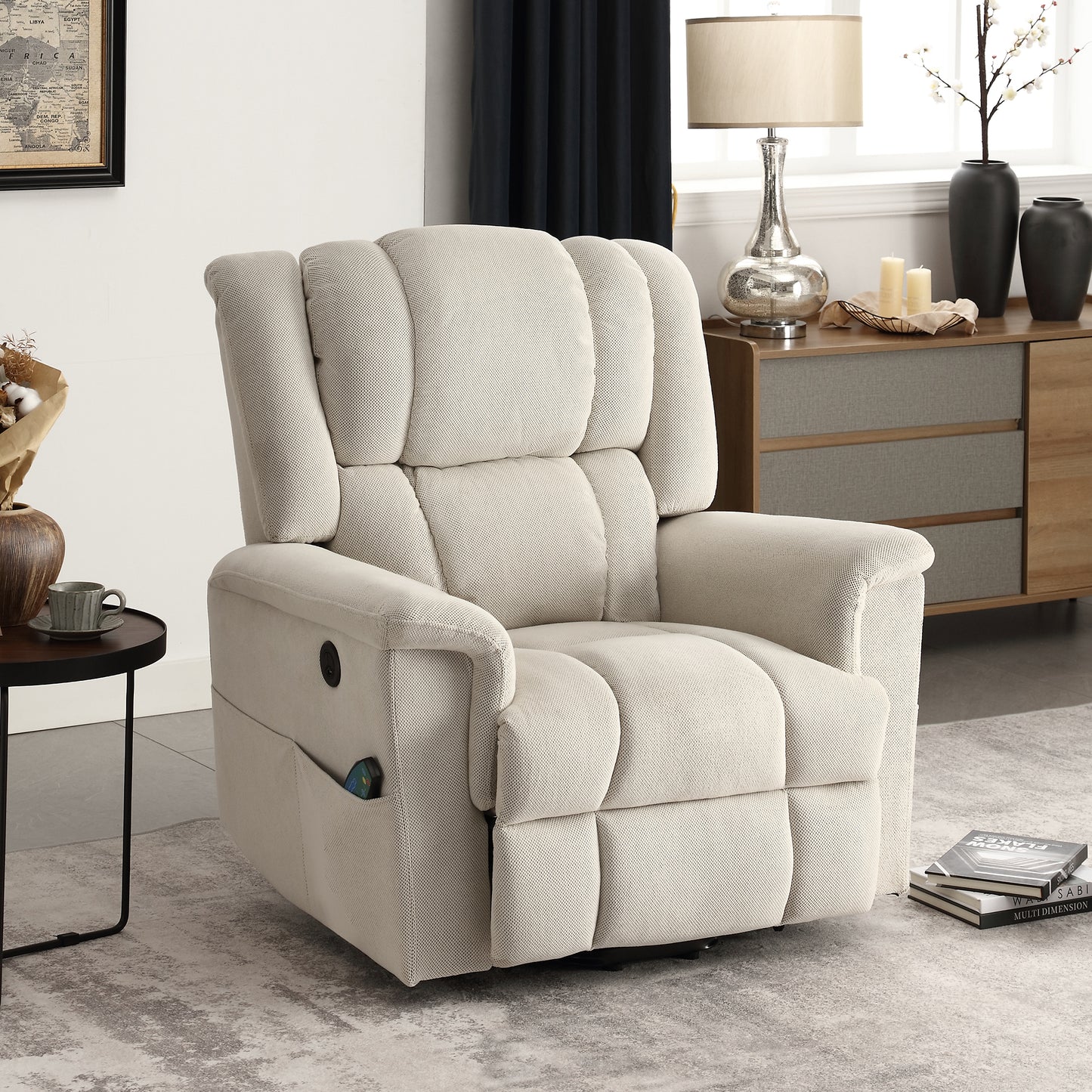 HSUNNS Power Lift Recliner Chair for Living Room, Modern Fabric Electric Lounge Chair Single Sofa with Heat and Massage, Side Pockets, 150 Degrees Adjustment Recliner for Elderly Adults, Beige