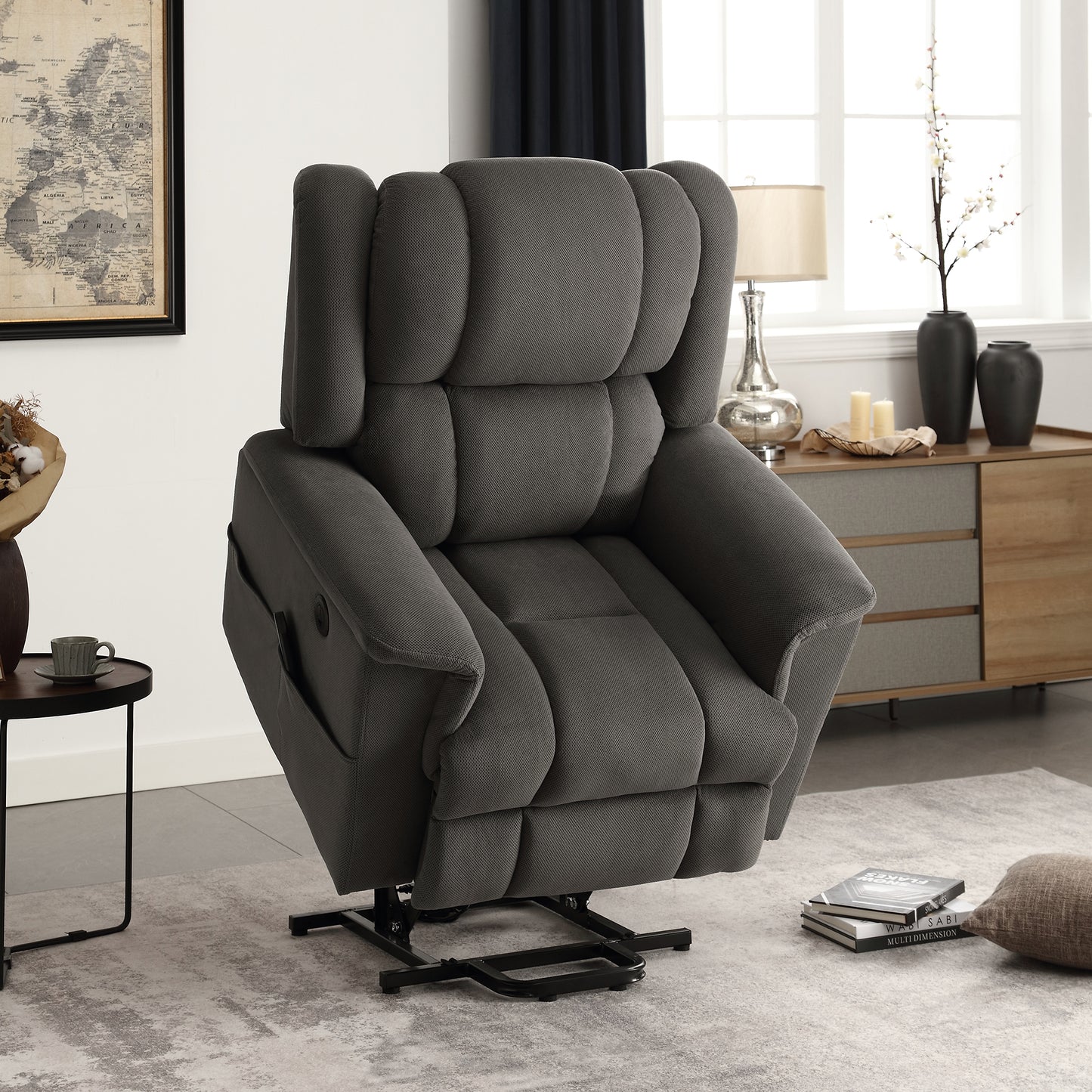 HSUNNS Power Lift Recliner Chair for Living Room, Modern Fabric Electric Lounge Chair Single Sofa with Heat and Massage, Side Pockets, 150 Degrees Adjustment Recliner for Elderly Adults, Beige