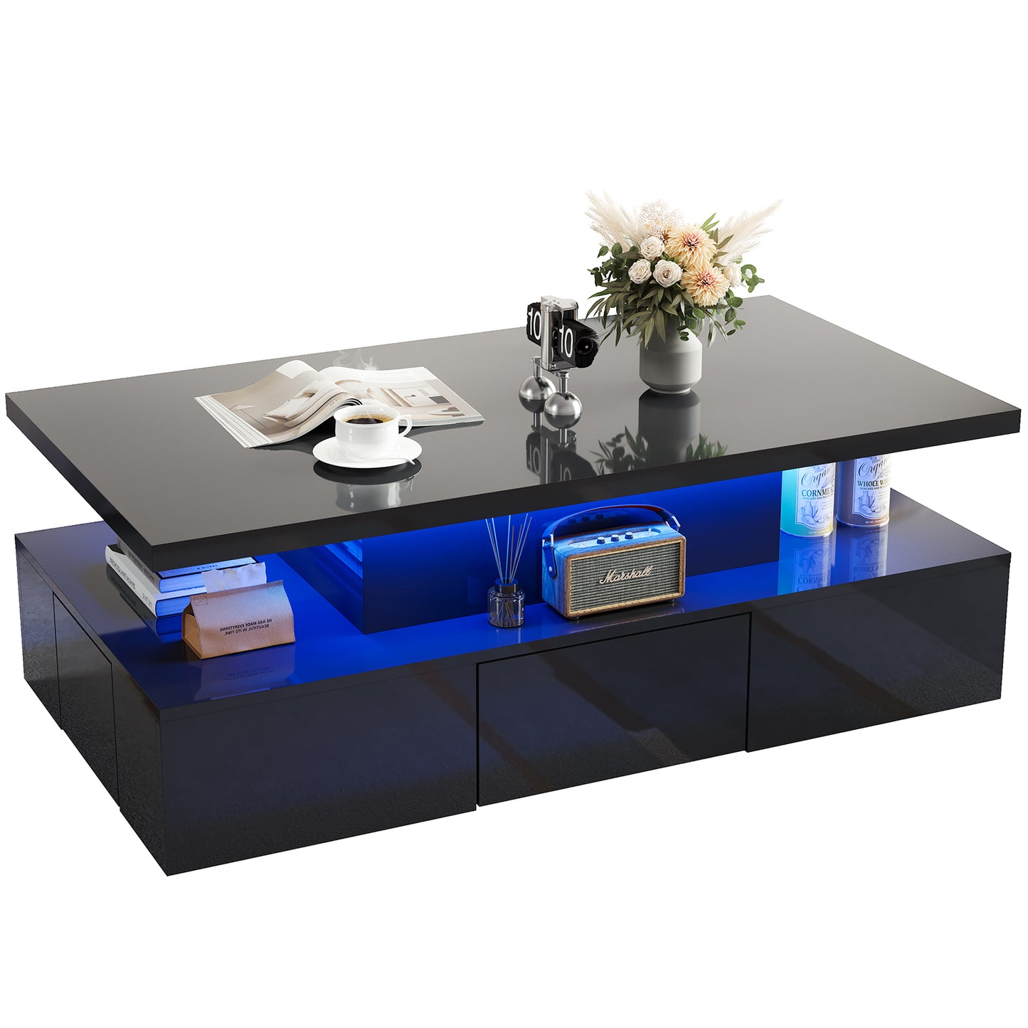HSUNNS Black LED Coffee Table for Living Room, Modern High Glossy Center Table with 4 Drawers, Smart Cocktail Table Rectangle, Sofa Side Tea Tables with LED Lights, 40" L×24" W×15" H
