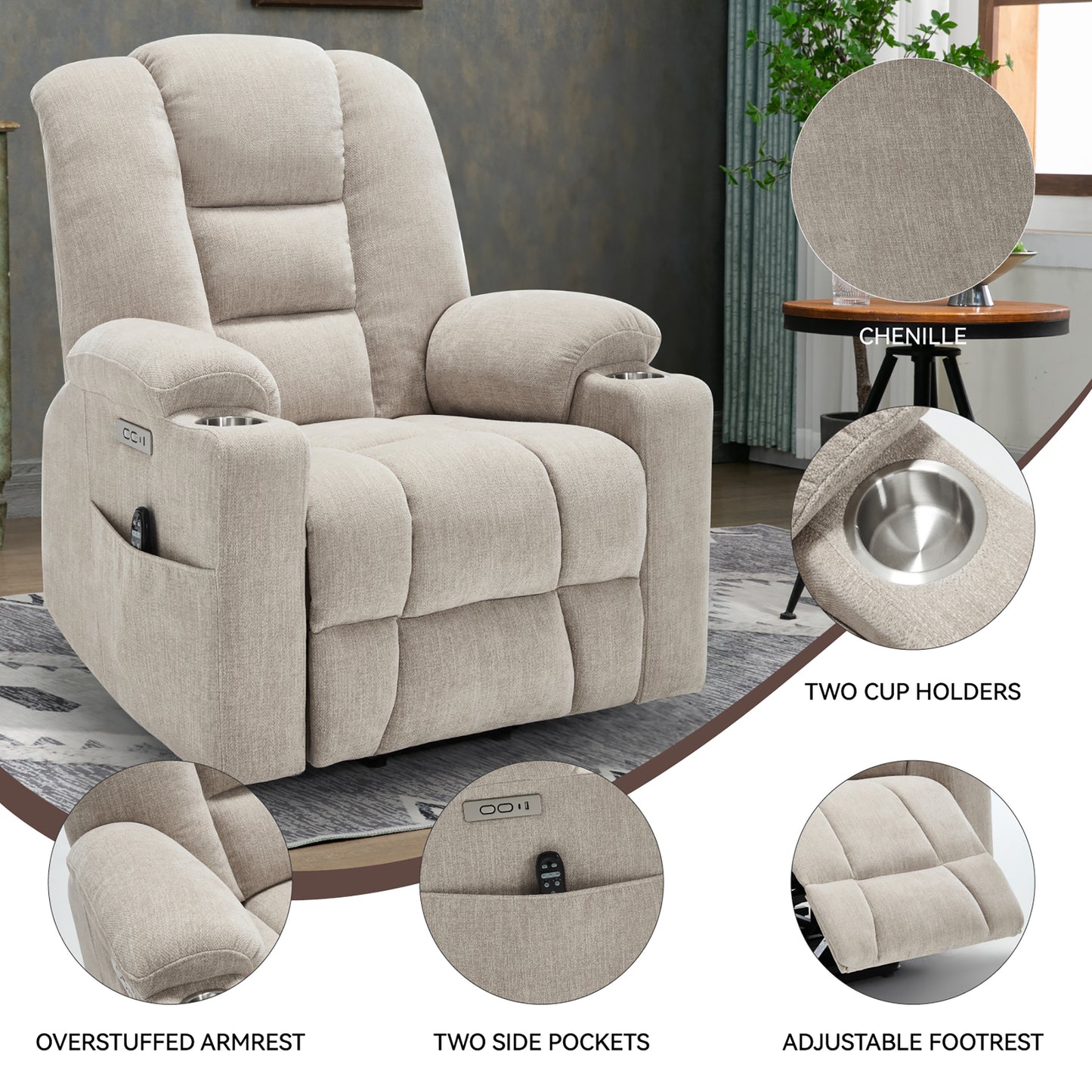 HSUNNS Power Lift Recliner Chair with Massage and Heat for Adult, Heavy Duty Reclining with USB Port and 2 Cup Holders, Living Room Overstuffed Wide Single Sofa Home Theater, Beige