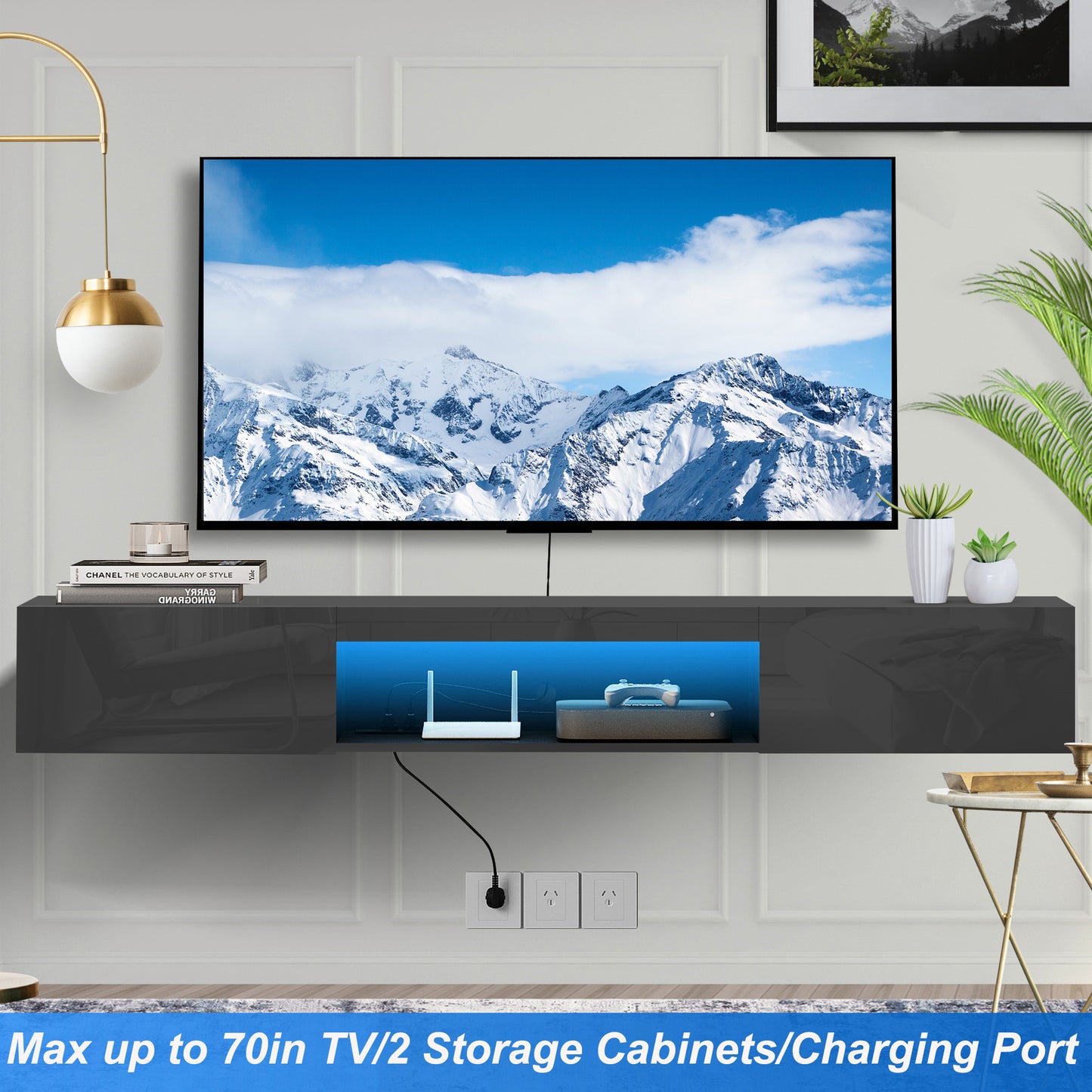 Floating TV Stand for TVs up to 70in, HSUNNS High Gloss Wall Mounted TV Stand with Charging Port and LED Lights, Entertainment Center Cabinet for Living Room Bedroom, White