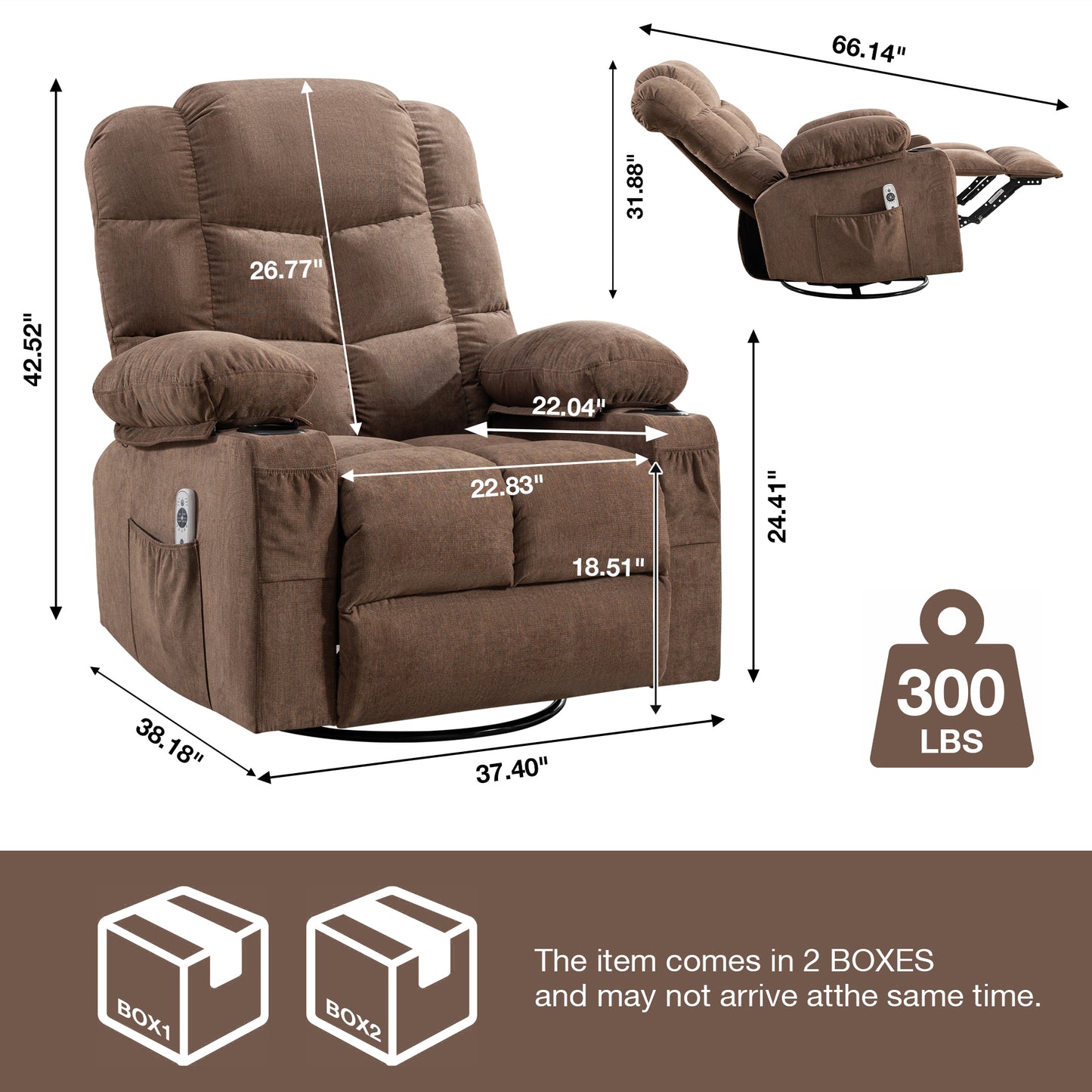 HSUNNS Swivel Recliner Chair for Adults, Living Room Fabric Recliner Chair with Massage and Heat, Single Sofa with USB Port, Cup Holder, Side and Front Pocket, Brown