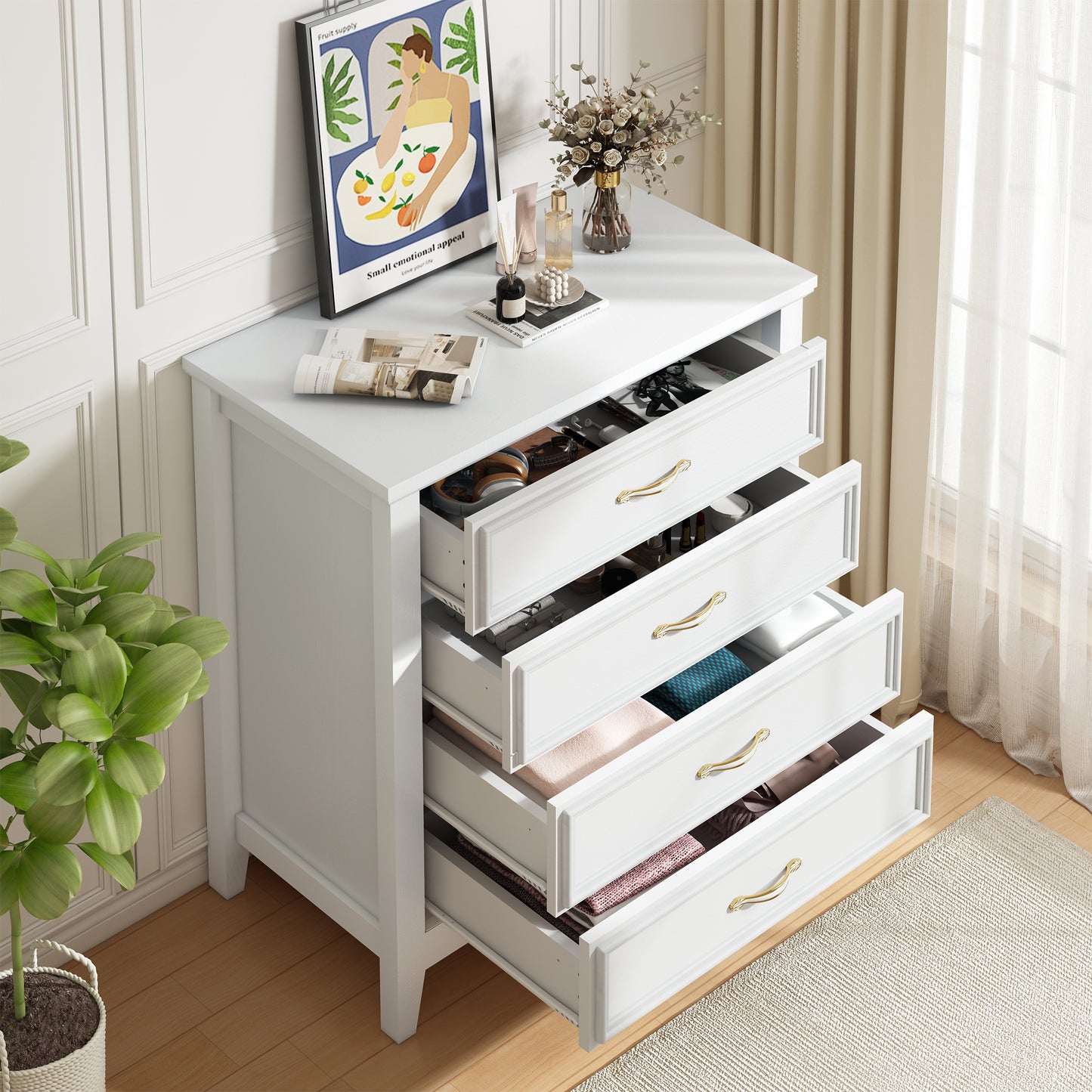 White 4 Drawer Dresser, Modern Storage Cabinet Dresser Organizer Unit with Handle for Living Room, Closet, Hallway, Nursery, Anti-Collision Strip and Anyi-Tipping Device, White