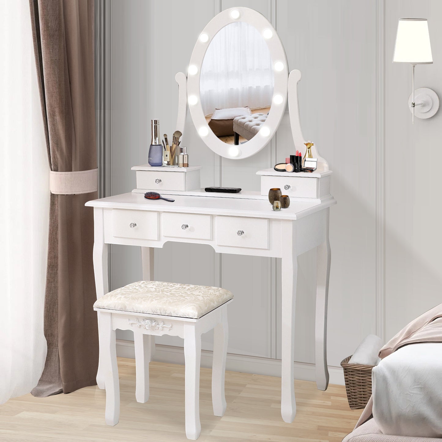 Vanity Table with 10 LED Lights, 5 Drawers Makeup Dressing Desk with Cushioned Stool Set, Makeup Vanity Desk with Mirror and Lights, Bedroom Vanities Set, White
