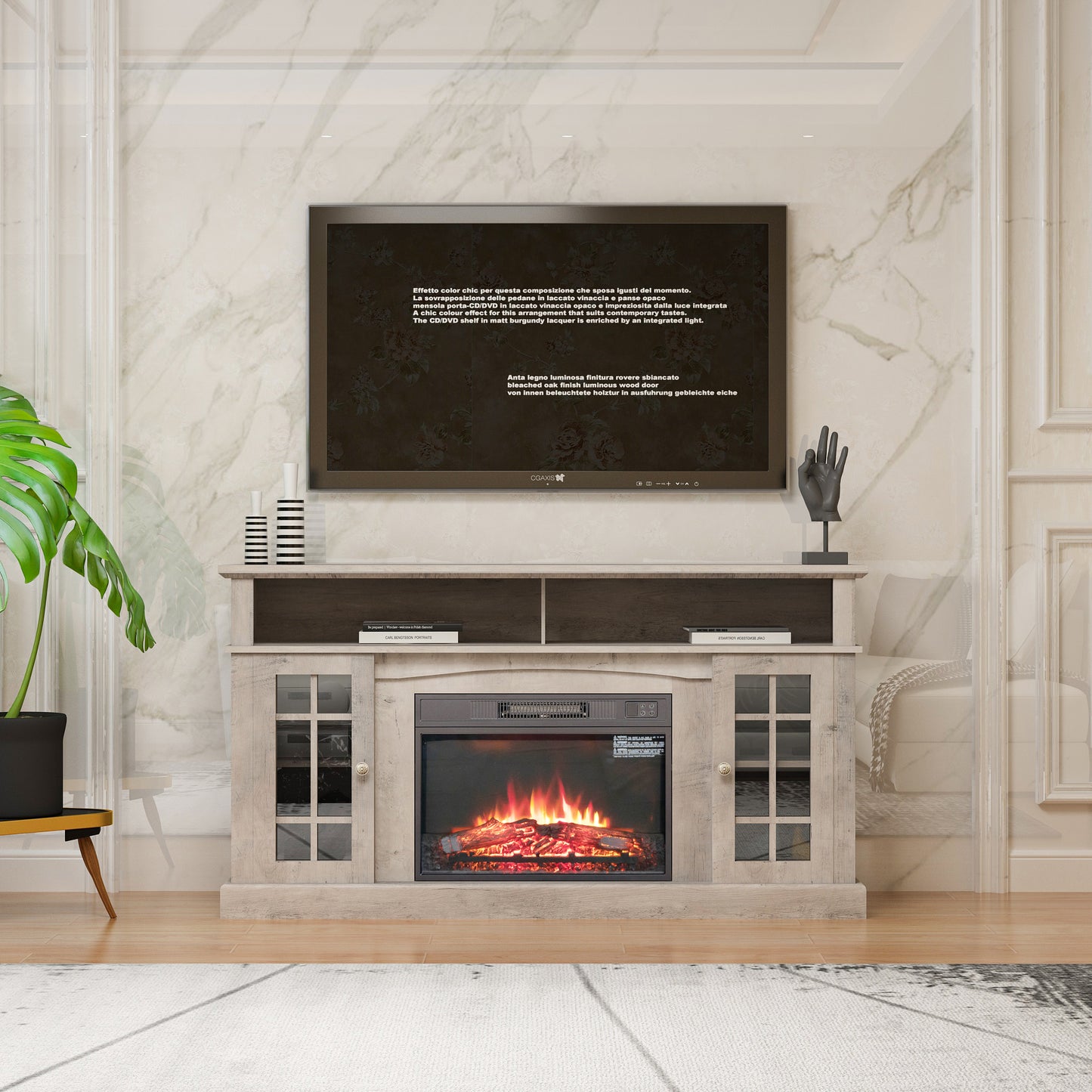 Fireplace TV Stand, 1400W Electric TV Stand with Fireplace, 58in Electric Fireplace TV Stand for 65″ TVs, Farmhouse Entertainment Center with Adjustable Shelf, 62°F - 82°F Heating Range