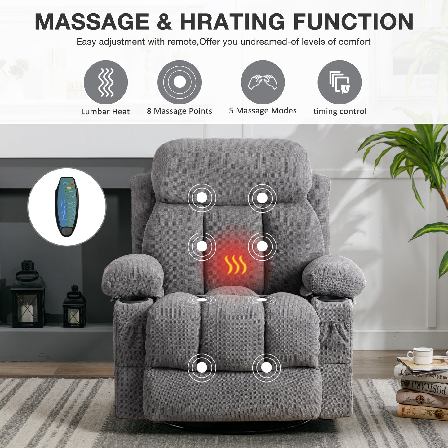HSUNNS Swivel Recliner Chair with Massage and Heat for the Elderly, Oversized Recliner for Living Room with Cup Holders and USB Port, Side Pockets, Comfortable Backrest and Armrests, Gray