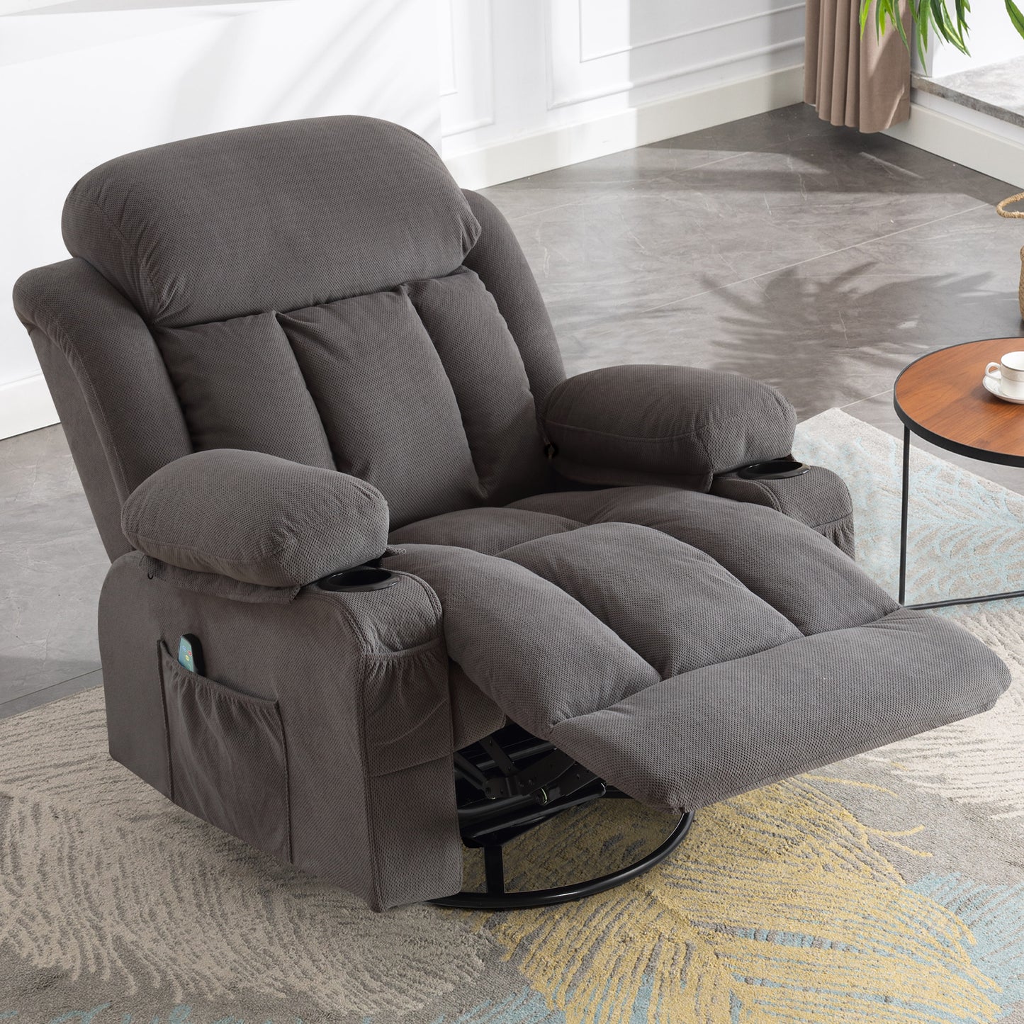 SYNGAR Oversized Recliner Chair, 360° Swivel Rocker Reclining Chair with Massage and Heat Function, USB, Cup Holders and Side Pockets, Living Room Single Sofa Seat Nursery Lounge Chair, Gray