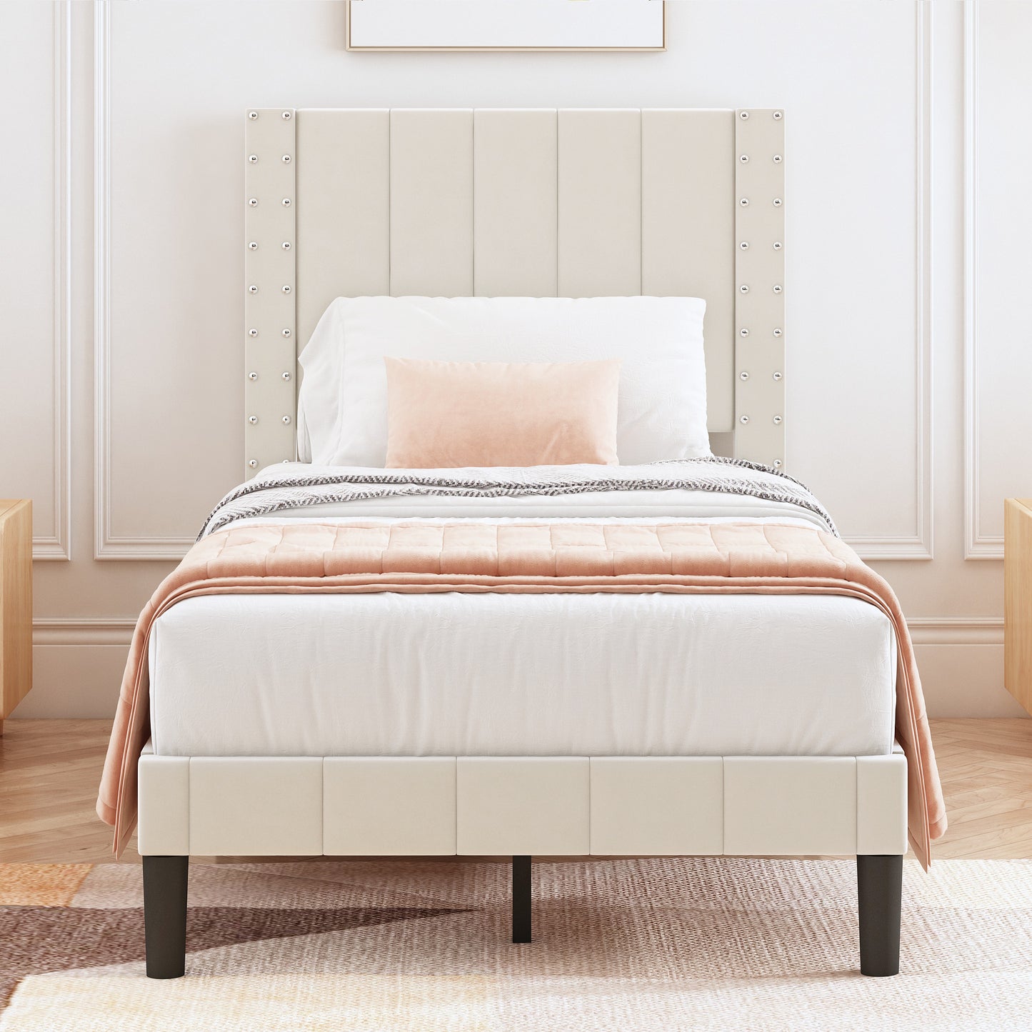 HSUNNS Queen Size Fabric Upholstered Bed Frame with Vertical Channel Headboard, Platform Bed Frame with Rivet Decor Headboard, No Box Spring Needed, Dark Gray
