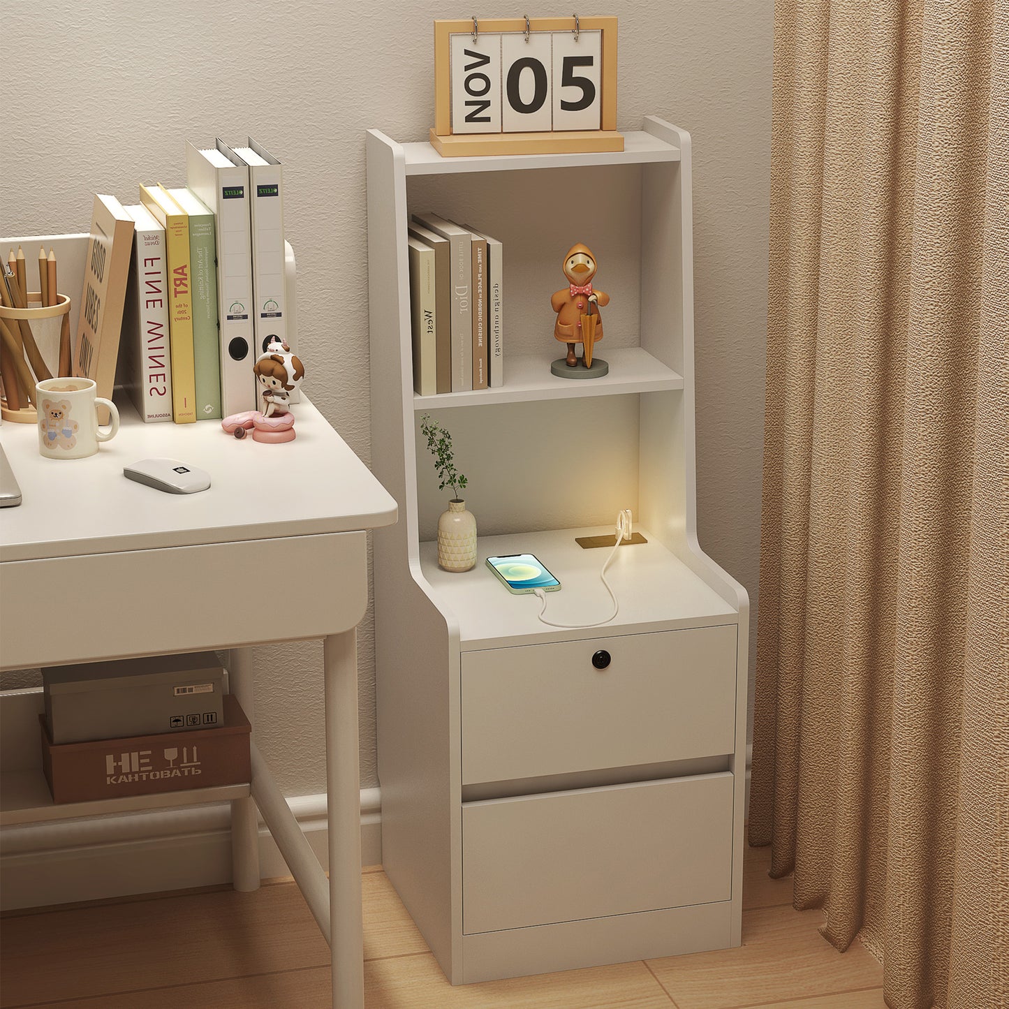 HSUNNS Modern Nightstand with 2 Drawers, Bedside Table with Charging Station and USB Night Light, Drawer Dresser Storage Cabinet with Bookshelf for Bedroom Living Room, White