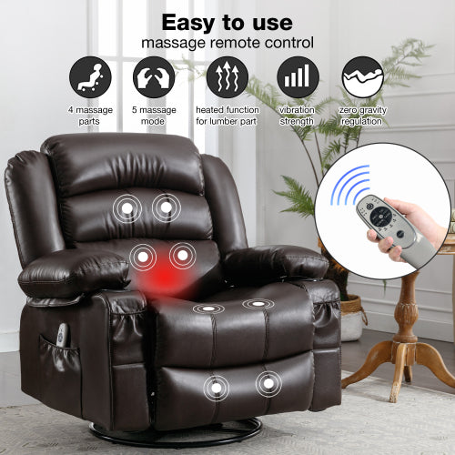 HSUNNS Swivel Rocker Recliner Chair with Heat and Vibration Massage, PU Leather Elderly Reclining Sofa with Cup Holders and Side Pockets, USB Charge Port for Living Room, Home Theater, Black